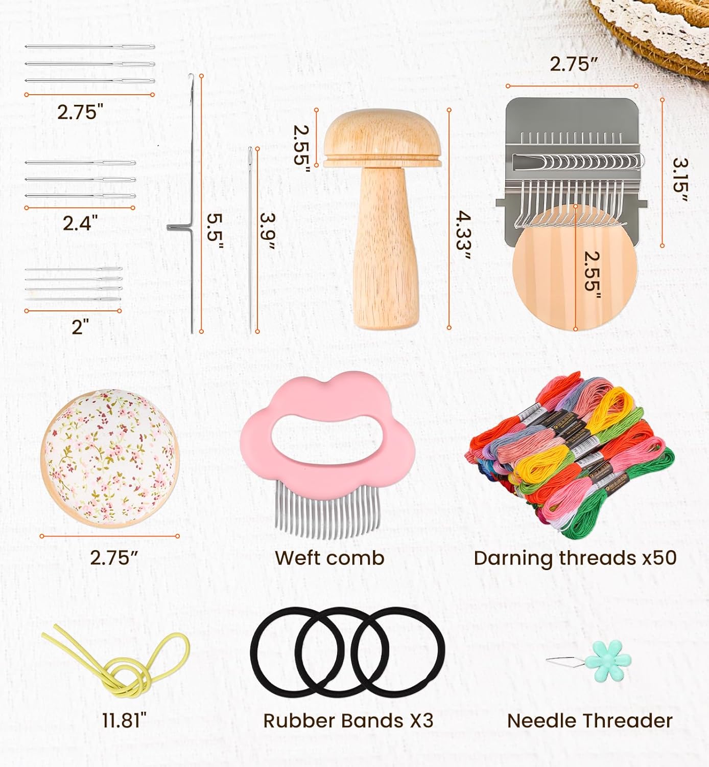 OrbitShell Mini Darning Loom, Mushroom Knit Patch Kit, Weft Comb