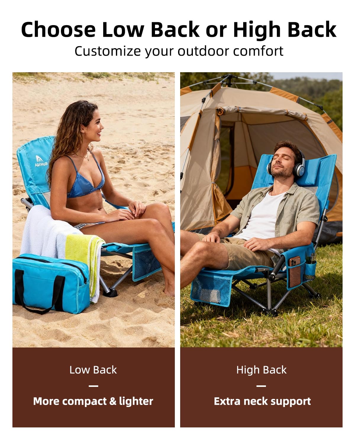 Abahub Strandstuhl Klappbar 120Kg mit Hochlehner Tragetasche Blau | Leicht Beach Chair Campingstuhl Faltbar Strandsitz Campingstuhl Klappstuhl Strand Bequem Tragbar Outdoor Camping 2 Stück