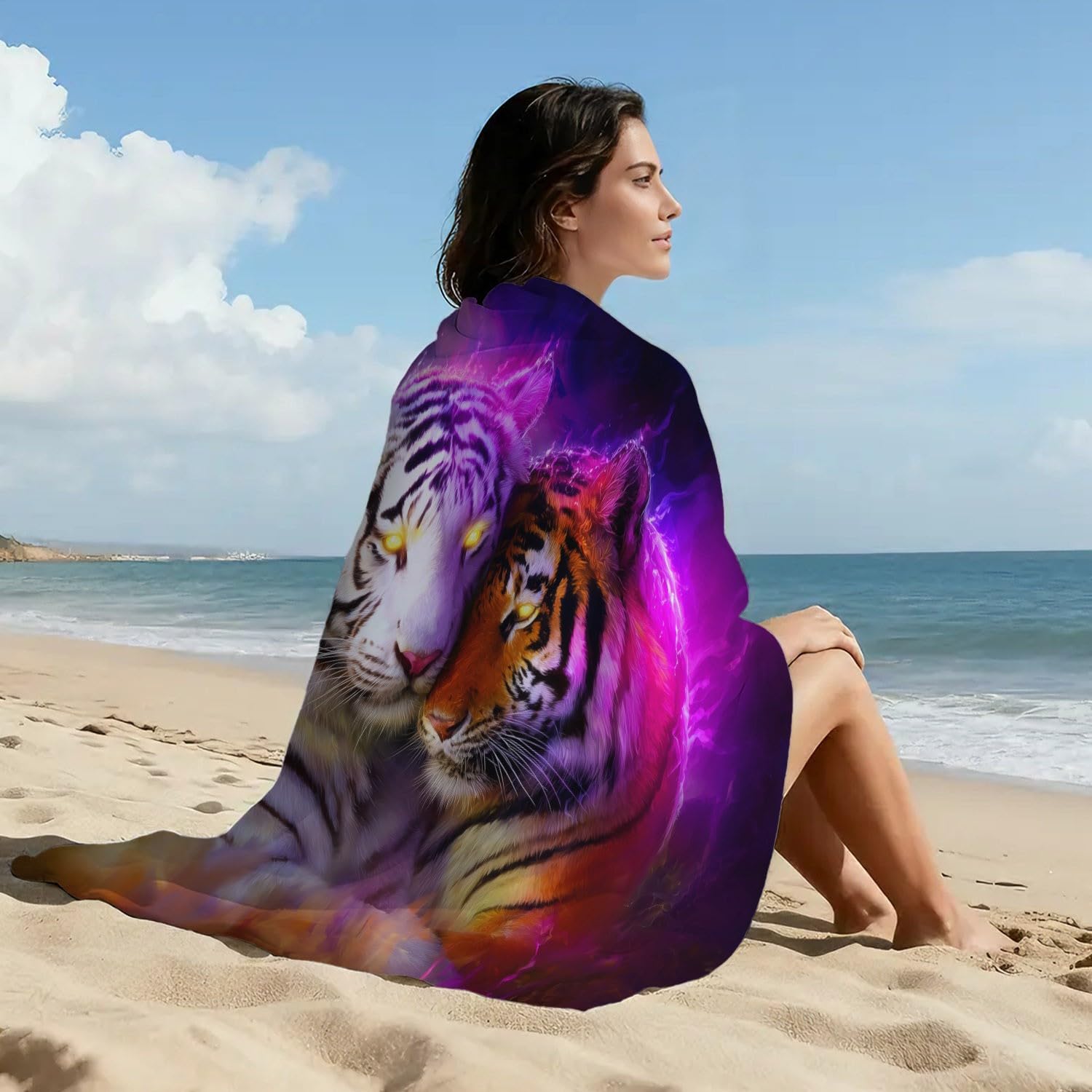 Generisch Ręcznik plażowy Fantasy jedyny w swoim rodzaju – awangardowy ręcznik kąpielowy, dziki abstrakcja, szorstki tygrys - szybkoschnący, ultralekki, bez piasku, miękki ręcznik z mikrofibry, 200 x