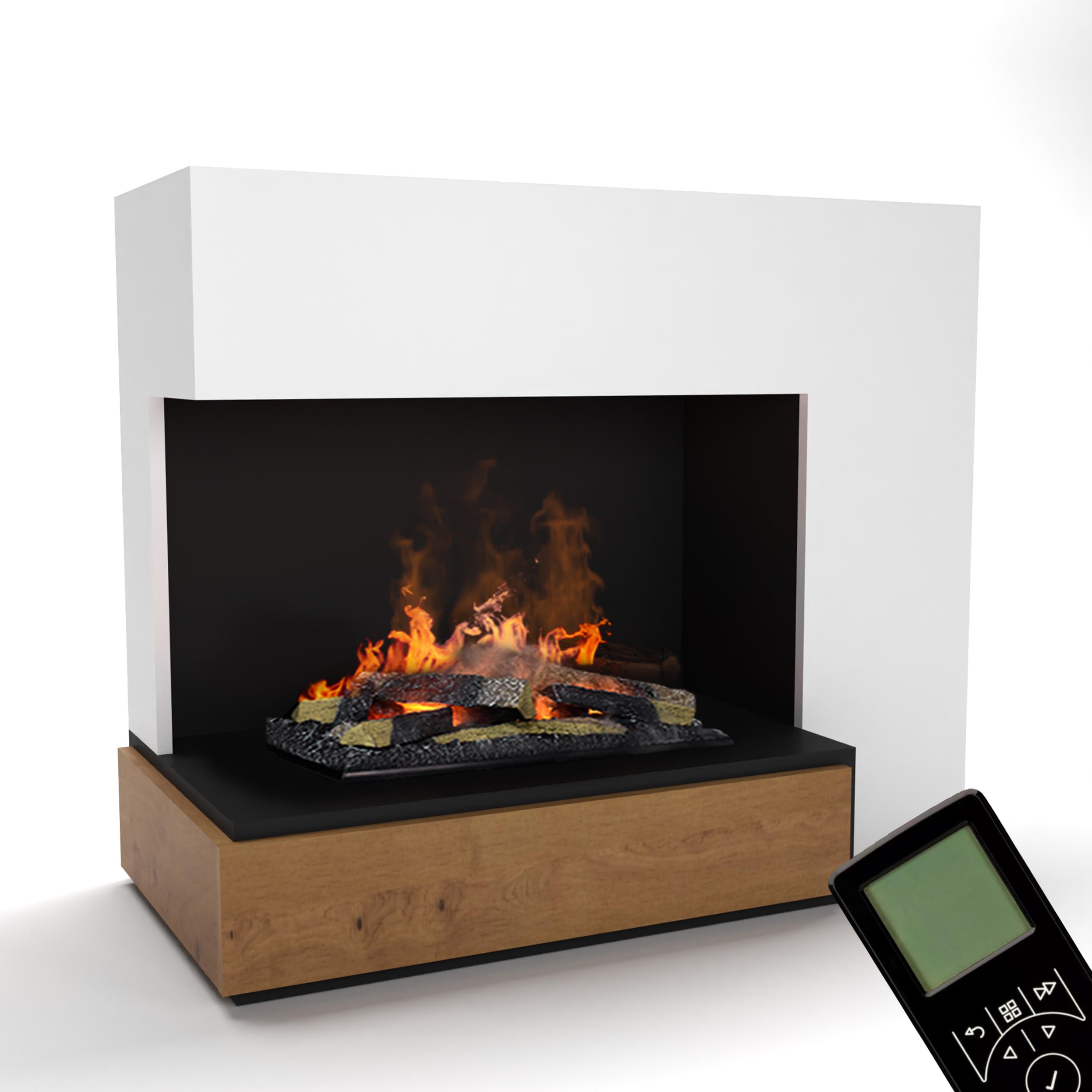 GLOW FIRE Wasserdampf Kamin PLANCK Links (Standkamin) - Elektrokamin mit realistischen LED 3D-Flammen, Knistereffekt & Fernbedienung, 109x90 cm - Opti-Myst 600 Elektro Kamin mit Holz-Deko, Weiß