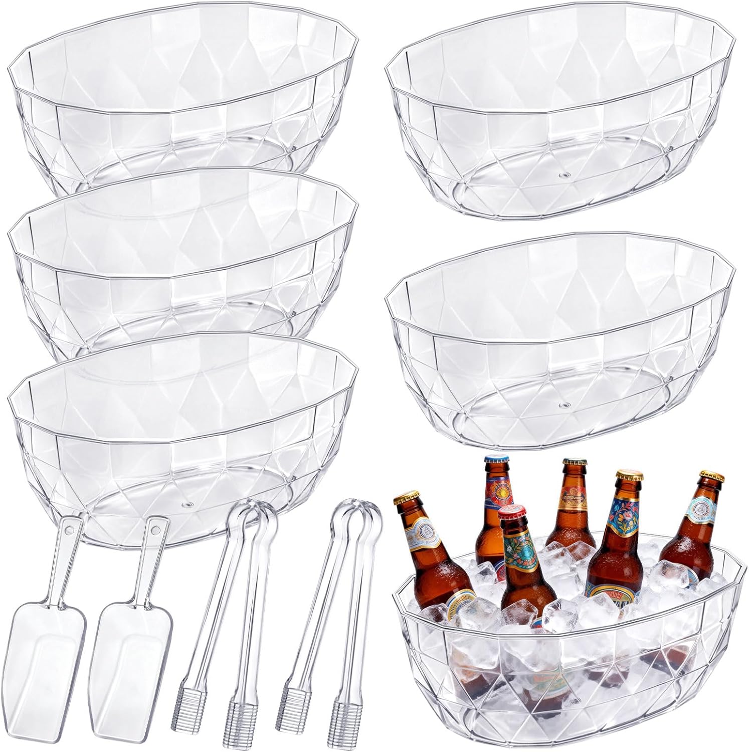 6 Pcs 3 L Ice Buckets with Scoops and Tongs Clear Plastic Ice Bucket Beverage Tubs Acrylic Champagne Cooler for Cocktail Bar Drink Cooler Holder for Mimosa Bar Supplies Chiller Bin