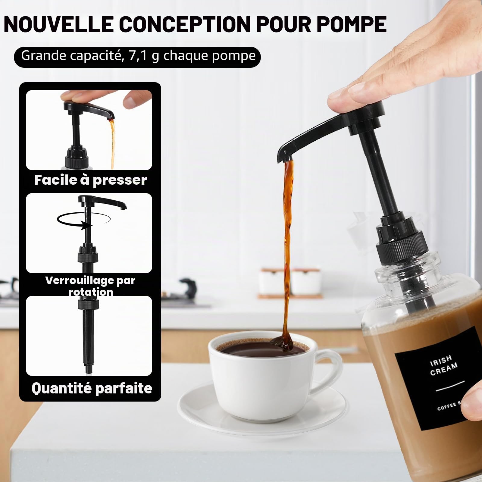 Sunal Lot de 3 distributeurs de sirop en verre avec plateau - Pompe de 0,6 l - Étiquettes et entonnoir étanches - Bouteille pompe à sirop de 500 ml - Pour bar à café et cuisine - Noir