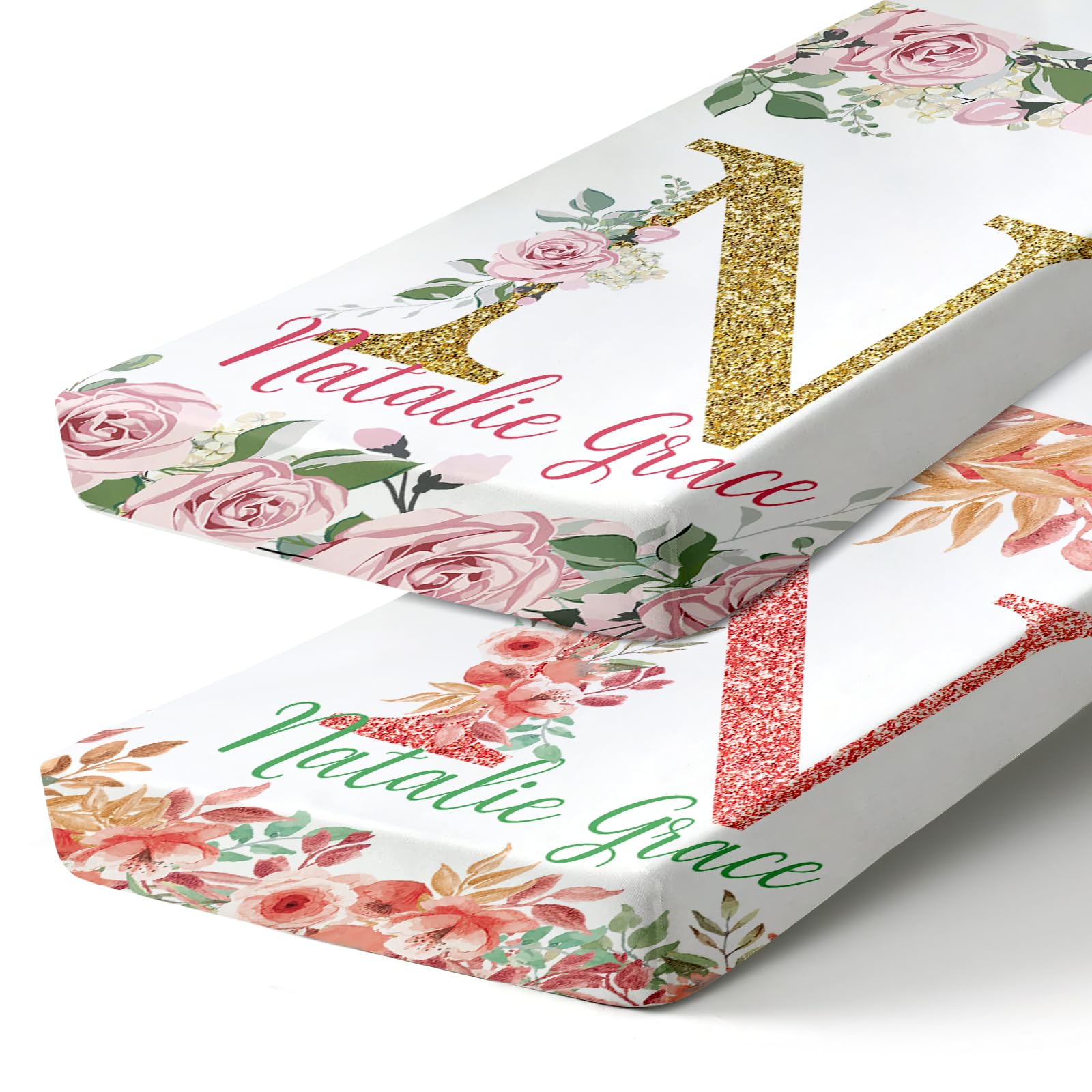 Custom Crib Baby Bedding Sheets - Portable 2 Pack Mini Crib Flower Sheets with Name, Nursery Customized Toddler Floral Bedding Set for Baby Girls Boys