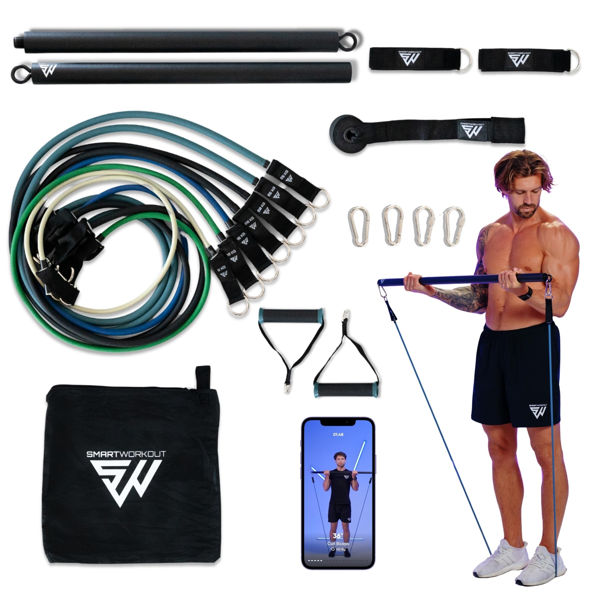 SMARTWORKOUT - Pro Resistance Bands Set with Bar - 7 Adjustable Bands 5-120kg - Handles, Ankle Straps, Door Anchor – 150+ Exercises, Video Programmes - Portable