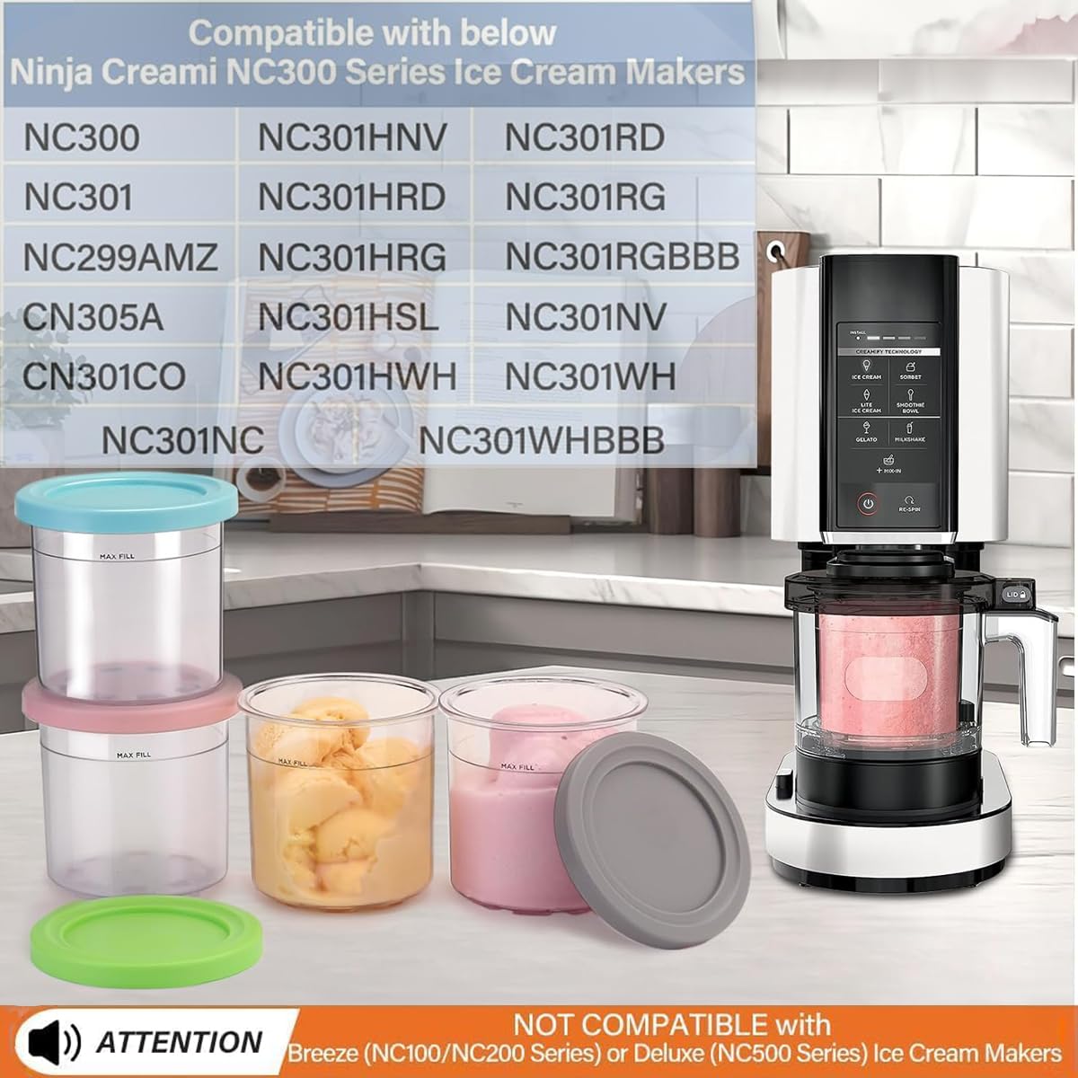 Ice Cream Containers For Ice Cream, Set Of 4 Ice Cream Pints Cups With Lid, Creami Container For Ninja Creami Ice Maker, Tubs Accessories For NC301 - View #9