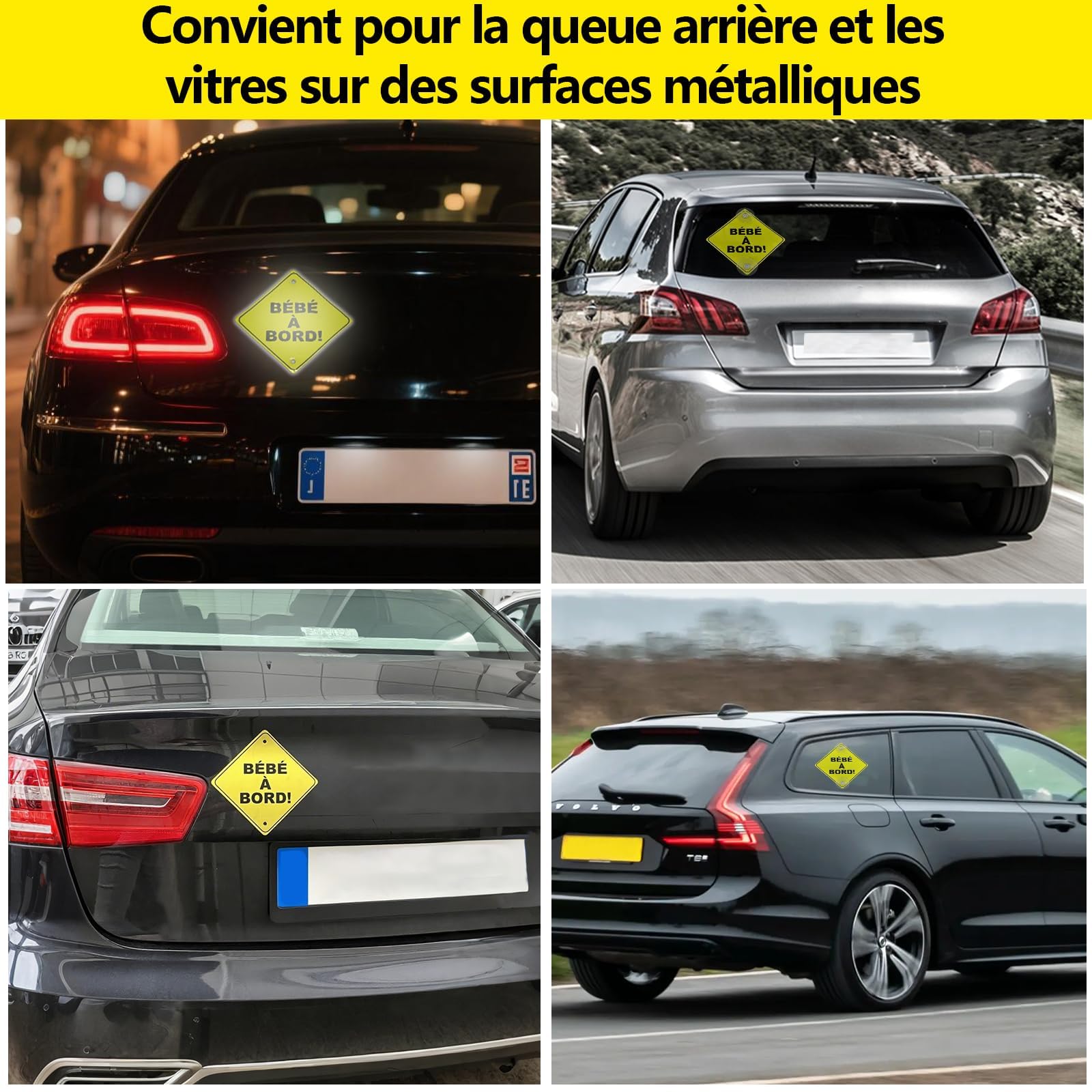 Autocollants "Bébé à Bord" Réfléchissants – Lot De 2, 12,5cm, Ventouses + Aimants | Pour Pare-brise Voiture
