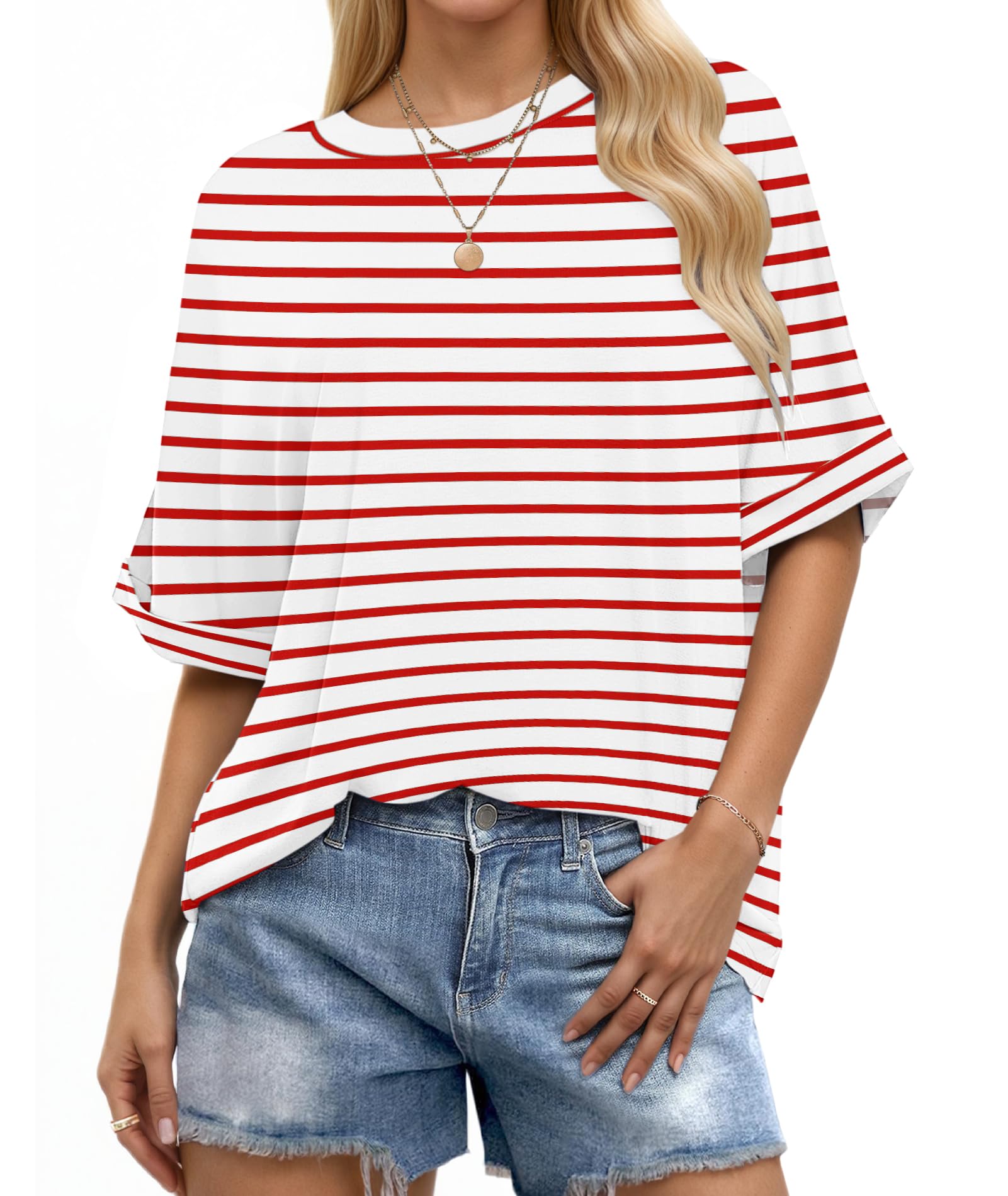 WNEEDU Oversize Shirt Damen Kurzarm Rundhals Oberteile Damen Sommer Basic T-Shirt Locker Lässige Top Oversize Bluse mit Gekrempelten Ärmeln