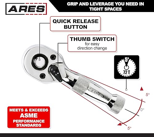 Miniatura 5 de ARES 42110  Trinquete de cabeza giratoria de 90 dientes plateado de 14 de pulgada  Giratorio de 250 grados con bola de retención para retención de