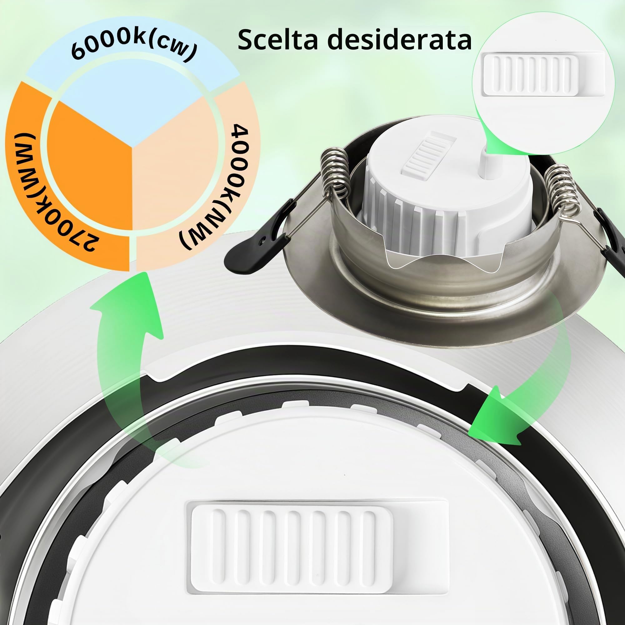 Faretti LED da incasso, 230V, dimmerabili, 6W, IP44, diametro 68mm, orientabili a 38°, temperatura colore 3000K/4000K/6000K, per bagno, faretti piatti da incasso, Nichel, 6er