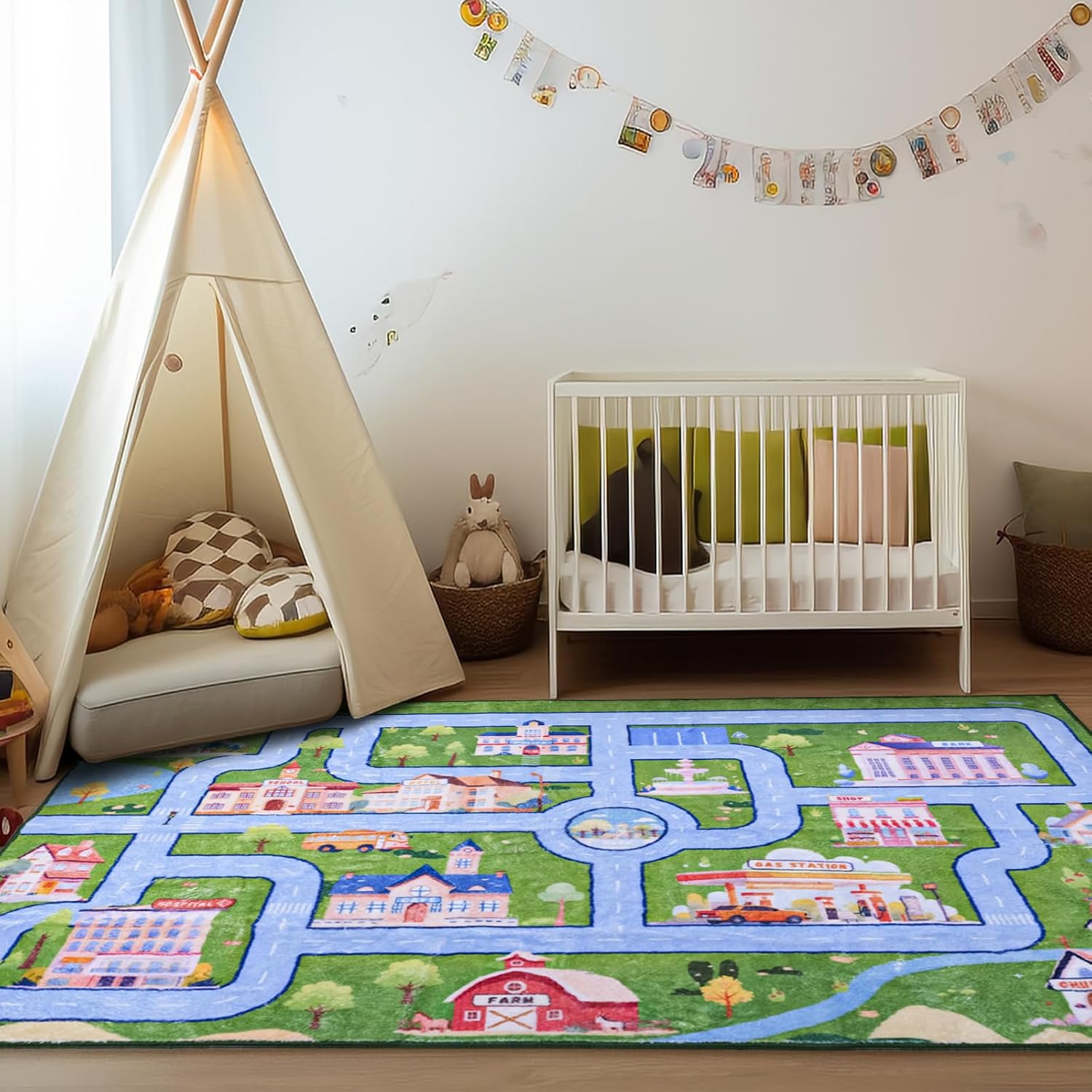 Kids Carpet Playmat, City Life Road Traffic Fun Playroom Rug for Playing Cars, Multi Color Activity Centerpiece Play Mat Educational Nursery Rug for Bedroom, Living Room