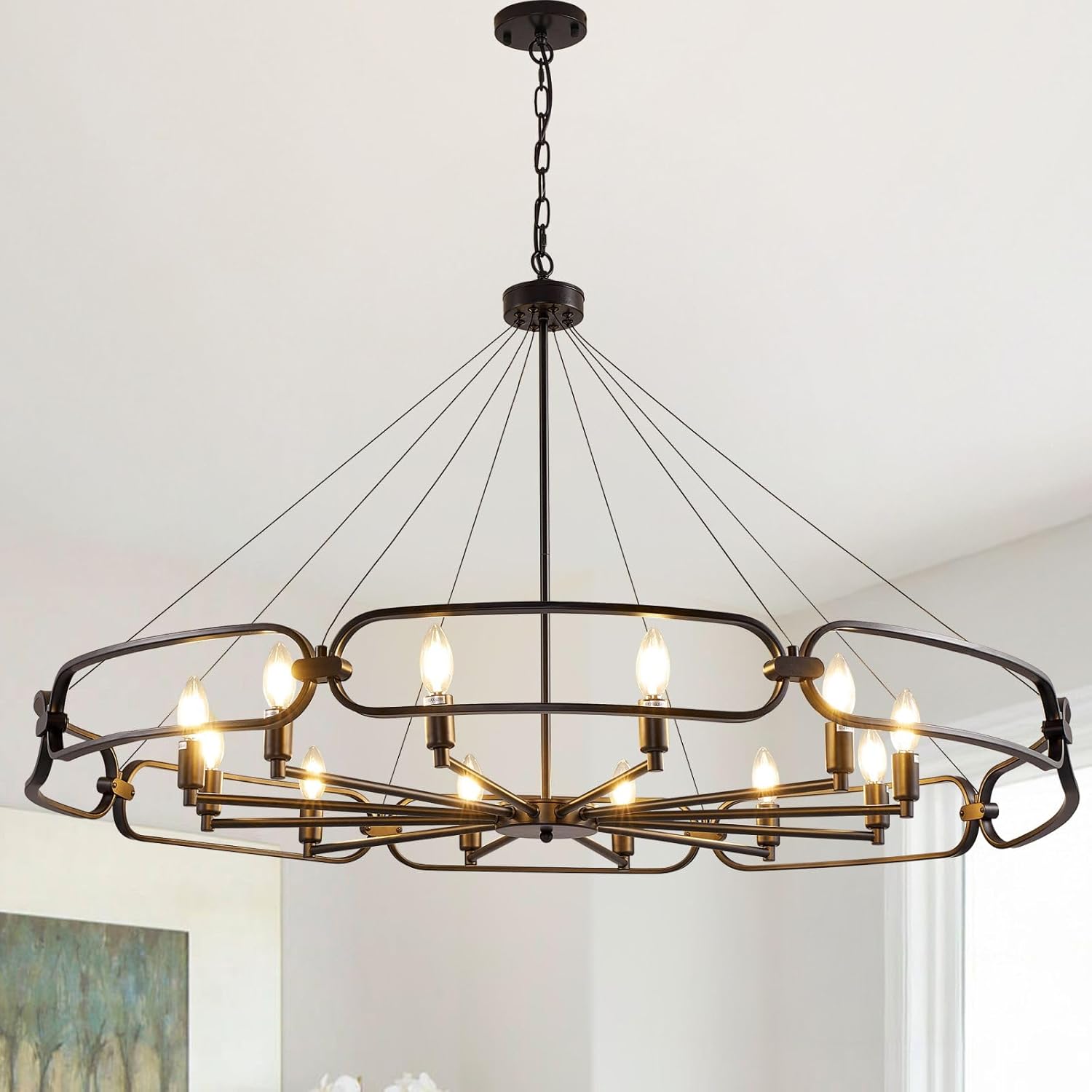 52.8" Industrial Style Black Chandelier, 8-Light Modern Chandeliers for Dining Room, Round kitchen Island Light Fixtures, Farmhouse Foyer Lighting Fixtures, for Living Room, Bedroom, Foyer, Entryway