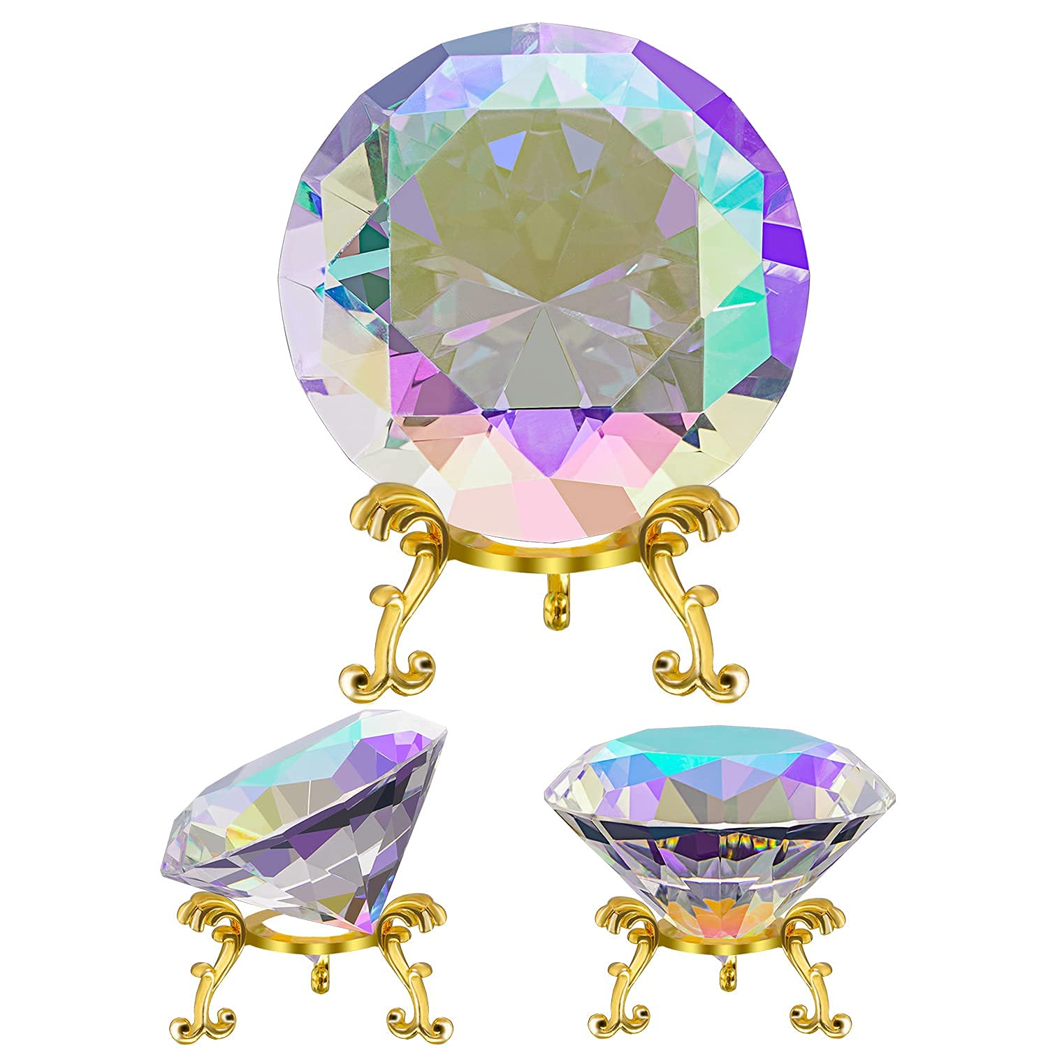 C&Z Presse-papier en cristal de 80 mm - Attrape-soleil arc-en-ciel - Fond en diamant pour ongles - Décoration de maison/bureau - Gros faux diamant avec base en métal doré (revêtement AB)