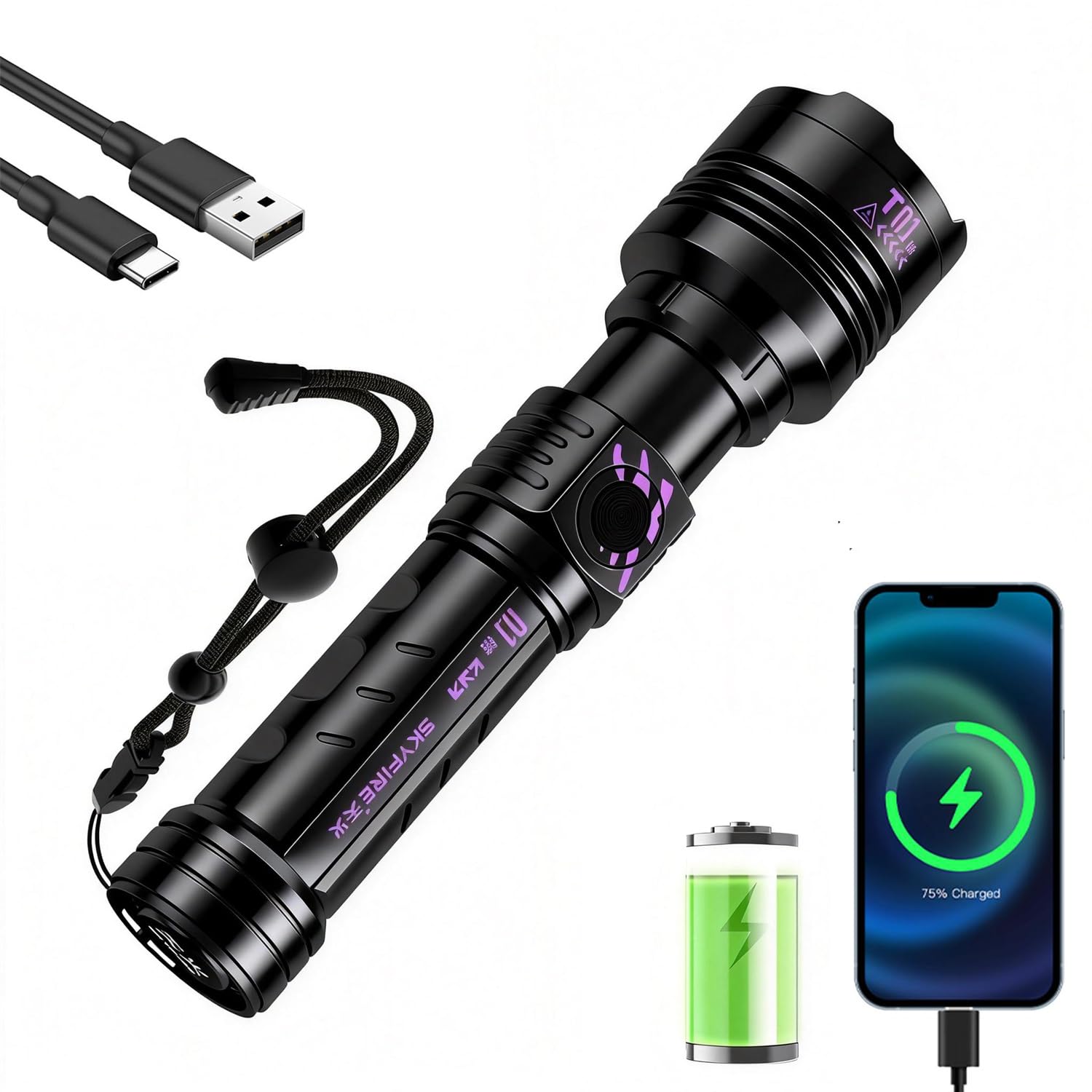 SKYFIRE Rechargeable LED Flashlight (No Fire-Starting Lens), 3000 High Lumen, USB-C Charging, Everyday Lighting Super Bright Flashlight for Hunting, Storm preparedness,Home&Gifts