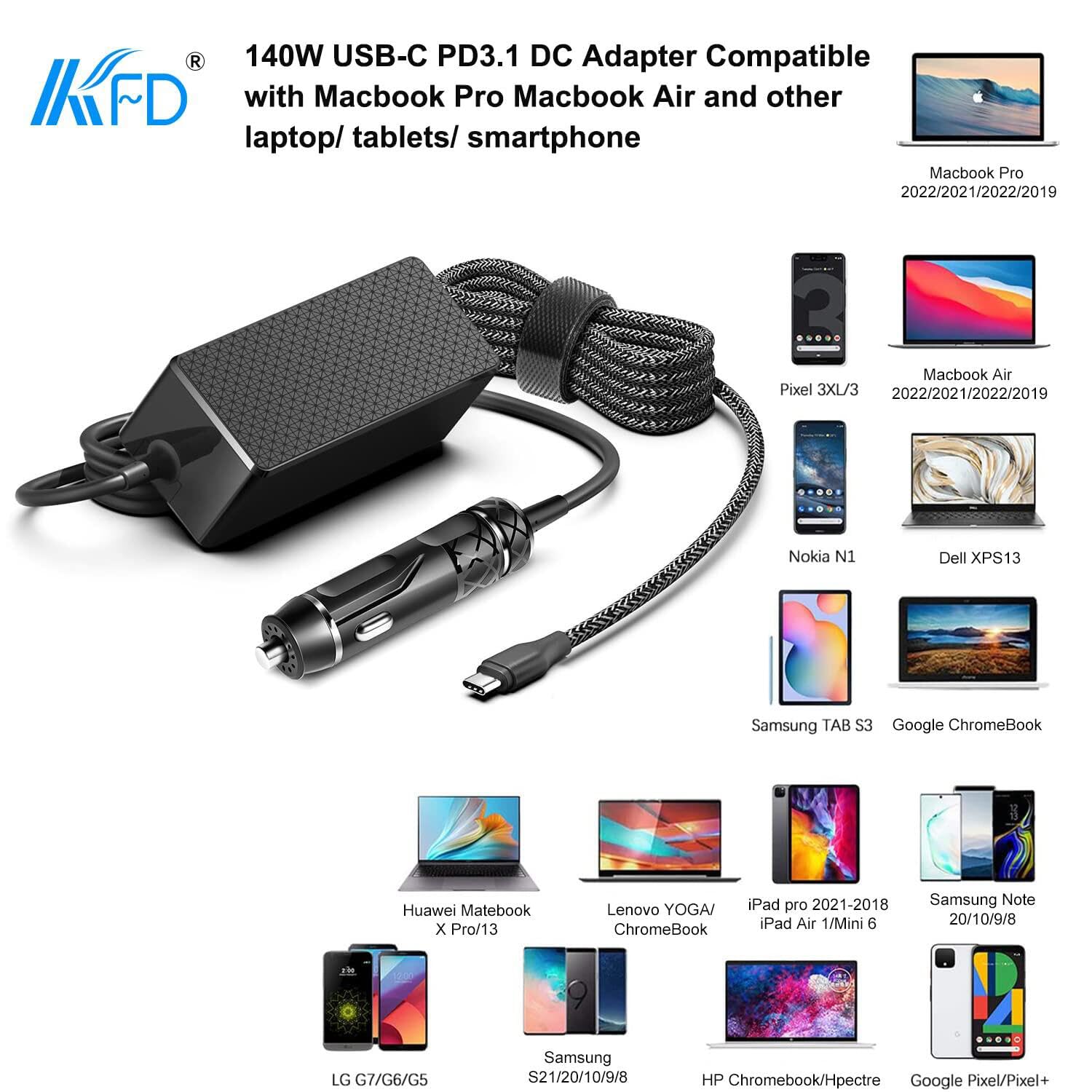 KFD 140W USB-C Caricabatteria da Auto per MSI Titan 18 Dell XPS 15 17 2in1 9520 9720 9700 9575 9500 Precision 5570 5560 3571 Latitude 9410 9510 135W 130W 100W 96W PD3,1 12V-24VDC Alimentatore Auto