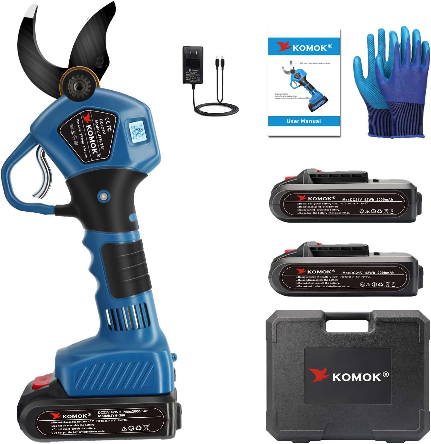 KOMOK Electric Pruning Shears, Cutting Diameter 40 mm, Professional Power Garden Pruning Shears with LED Display, 2 Ah Rechargeable Lithium Battery, 6 to 8 Hours Working Time