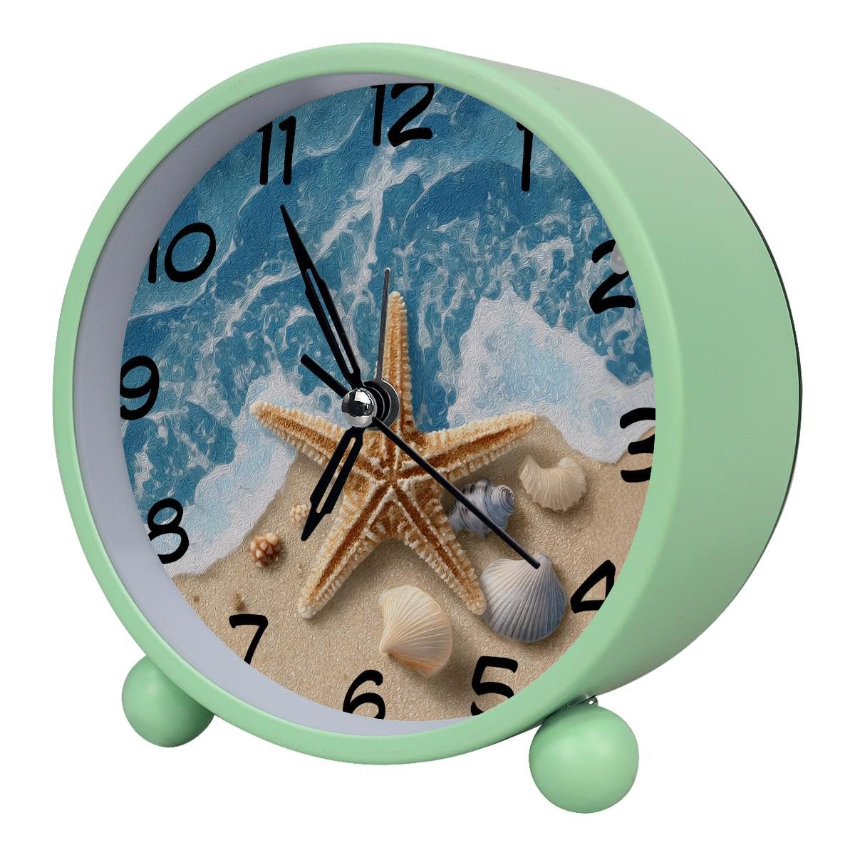Luoweisi Analog Alarm Clock Beach Starfish, Silent Non-Ticking with Night Light, Battery Operated, Round Desk Alarm Clock for Office, Bedroom, Elderly, Adults, Children, Student Gifts
