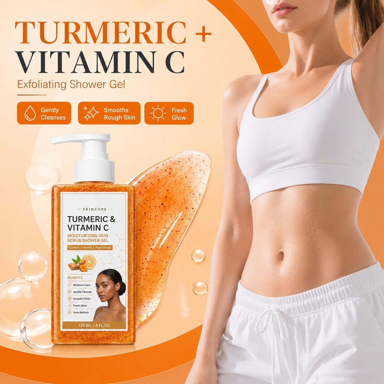 Turmeric Vitamin C Hydrating Body Wash, Kurkuma Duschgel, Strahlendem Teint, duschgel langanhaltender duft - Sanftes Körperpeeling gegen Trockenheit - 120 ml (3 PCS)
