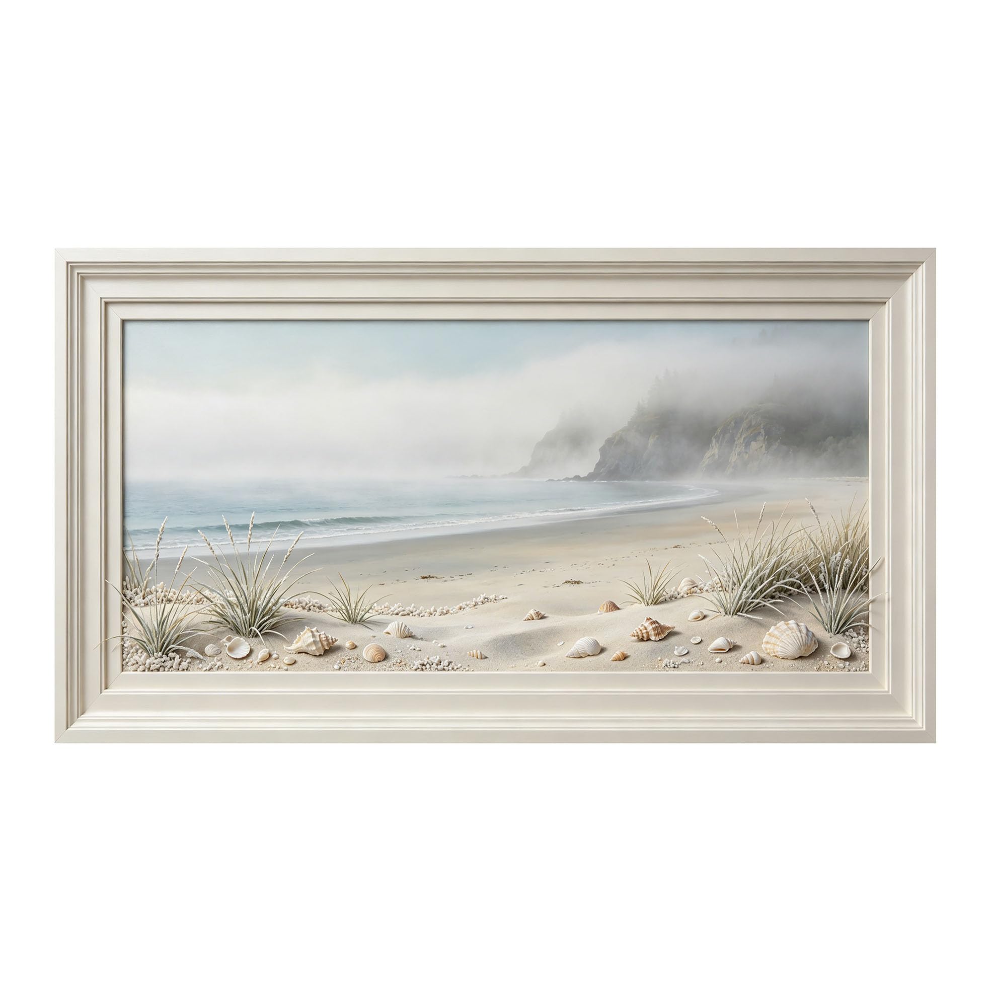 Yzpallescene 3D Framed Wall Art 50cm×100cm Misty Coastal Seascape Panoramic Beach Shells Realistic Large Size SelfAdhesive Removable Wall Decor Prints Artwork for Living Room Bedroom Office