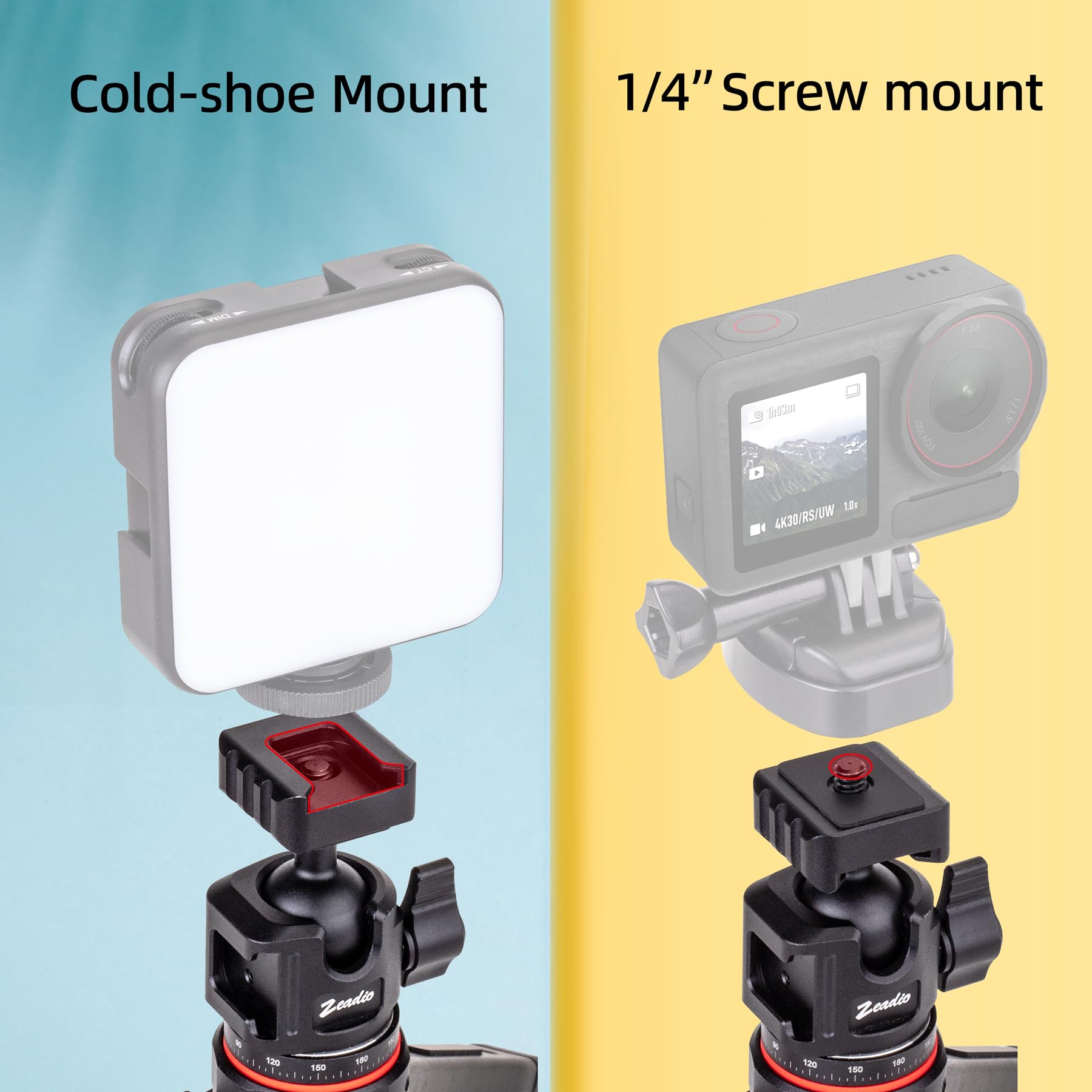 Zeadio Professioneller Kugelkopf-Adapter mit 360°-Rotation, 1/4"-Gewinde und 3/8"-Stativgewinde – Universelle Kamerabefestigung und Stativkopf