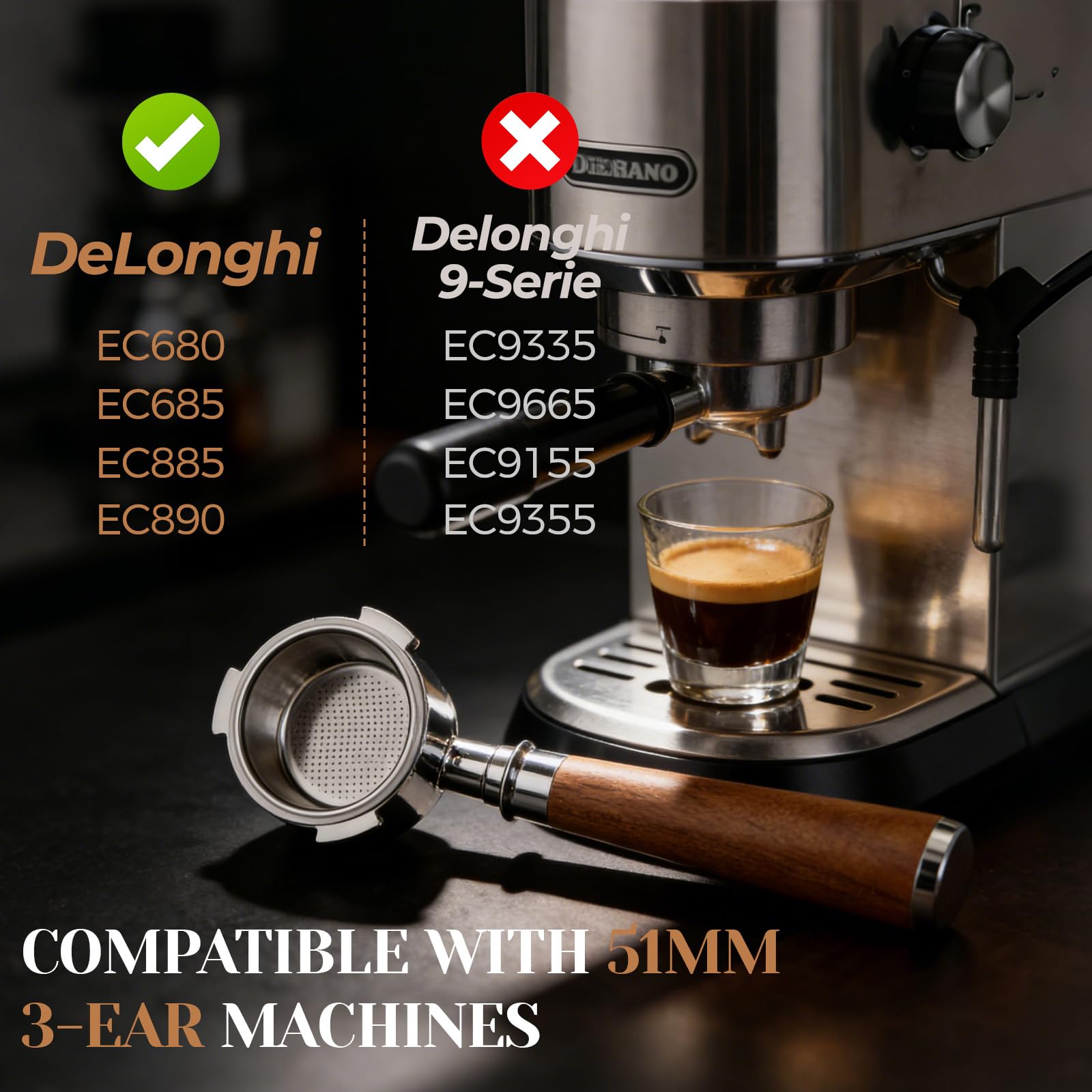 Petyoung Portafiltro Sin Fondo de 51 mm con 3 Orejas, Mango de Madera, Acero Inoxidable, Compatible con DeLonghi EC680/EC685/EC885/EC890, para Máquinas de Café en Casa