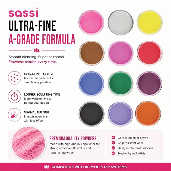 Sassi Color Acrylic Powder 1/4oz | Pack of 12 | Assorted Color| Professional Nail System, Professional Grade, Durable Nail Powder | Made in USA