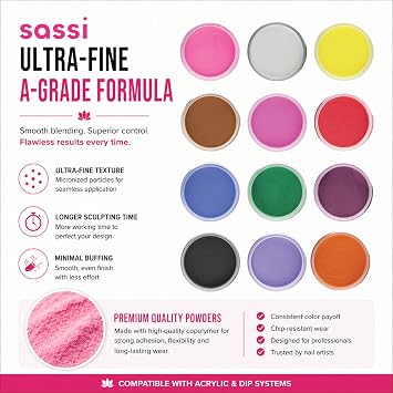 Sassi Color Acrylic Powder 1/4oz | Pack of 12 | Assorted Color| Professional Nail System, Professional Grade, Durable Nail Powder | Made in USA