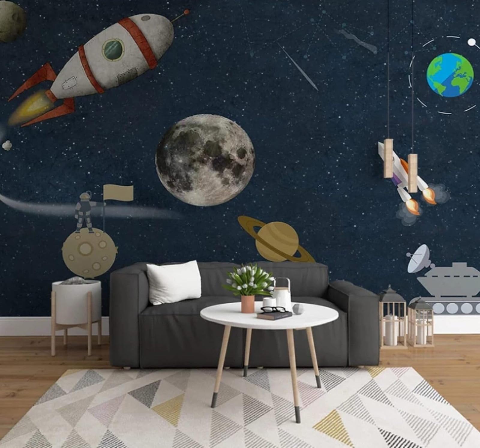 XLMING Cartoon Space Universe Planets Rockets 3D Wallpaper Luxury Silk Study Dining Feature Sofa Grey Bedroom Living Room Tv Decorative Wall-350cm×256cm