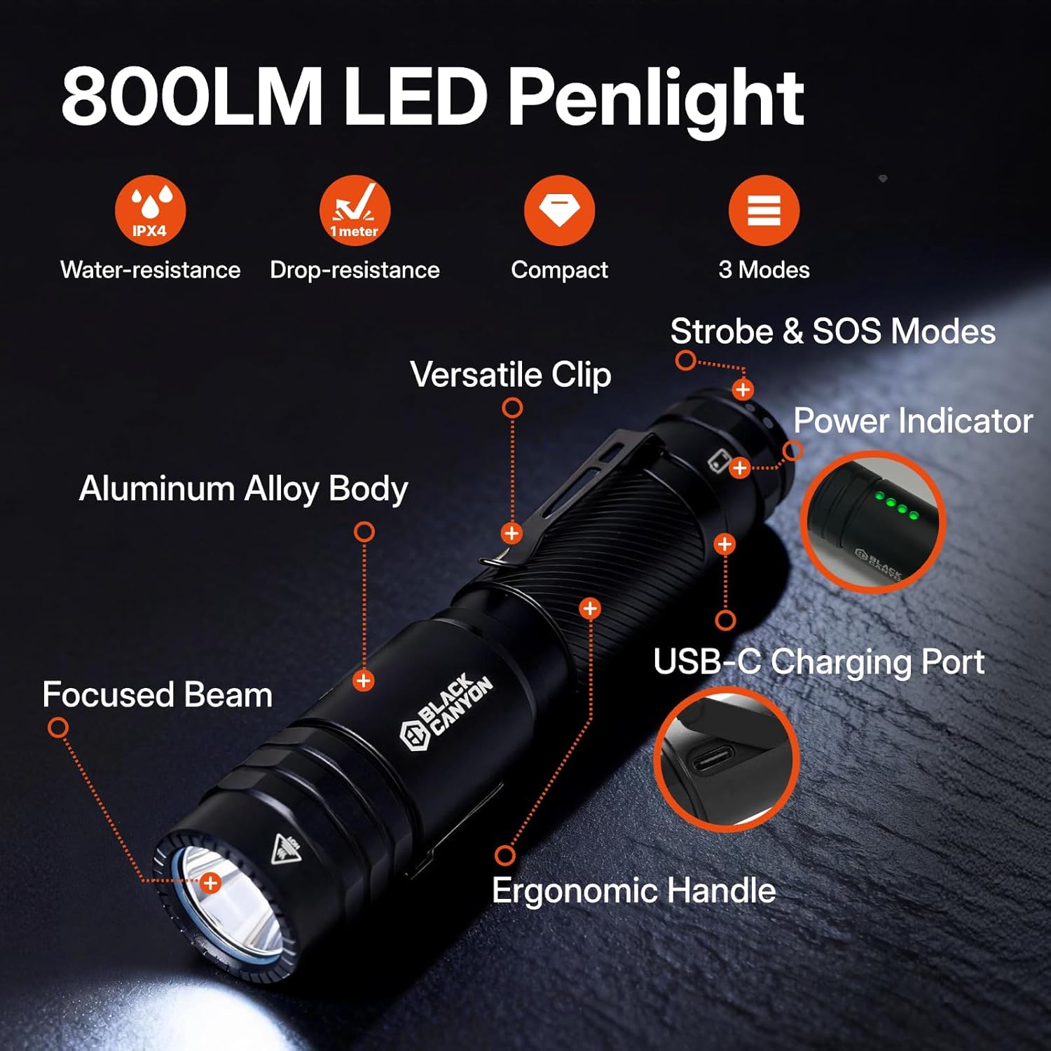 BLACK CANYON LED Flashlight Rechargeable, Small Flashlight 800 Lumen IPX4 Waterproof, Shockproof for Mechanics & Security