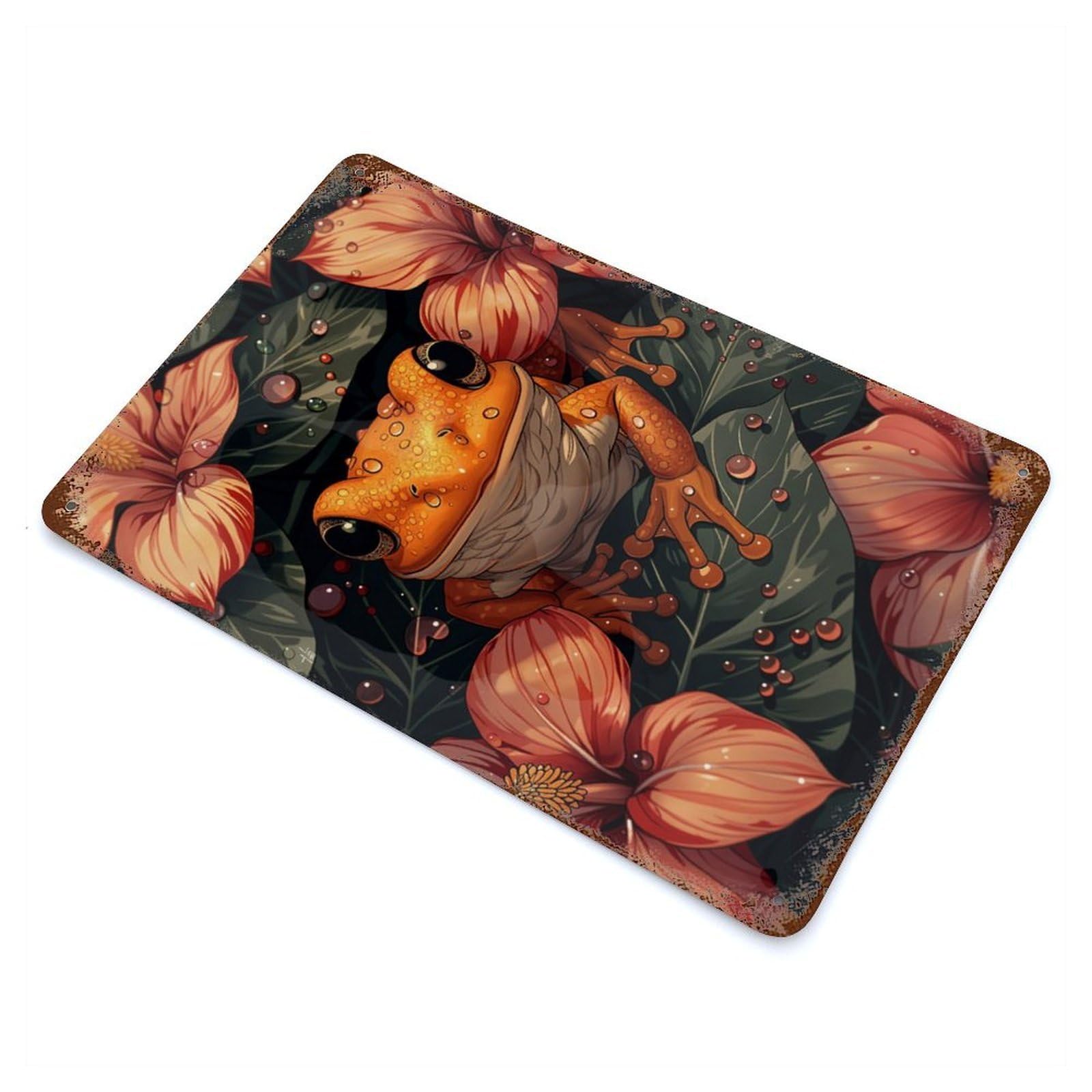 Rust Effect Frog in Flowers Rusty Metal Tin Sign 11.8"x7.9", Farmhouse Wall Decor for Shed, Workshop And Garage Wall Decor