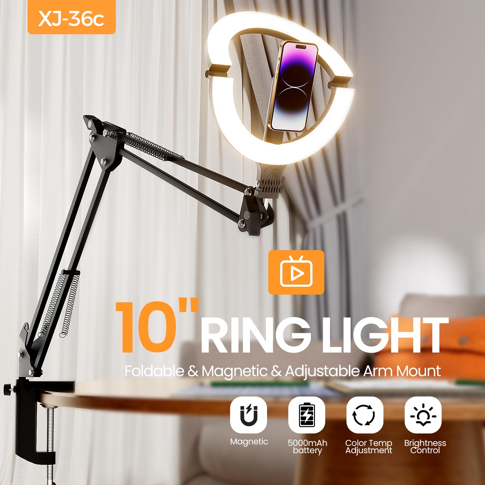 XINBAOHONG - Luce magnetica ad anello da 25,4 cm, supporto per fotocamera e telefono, luce LED per selfie XINBAOHONG con supporto e supporto per telefono, luce da scrivania ricaricabile per