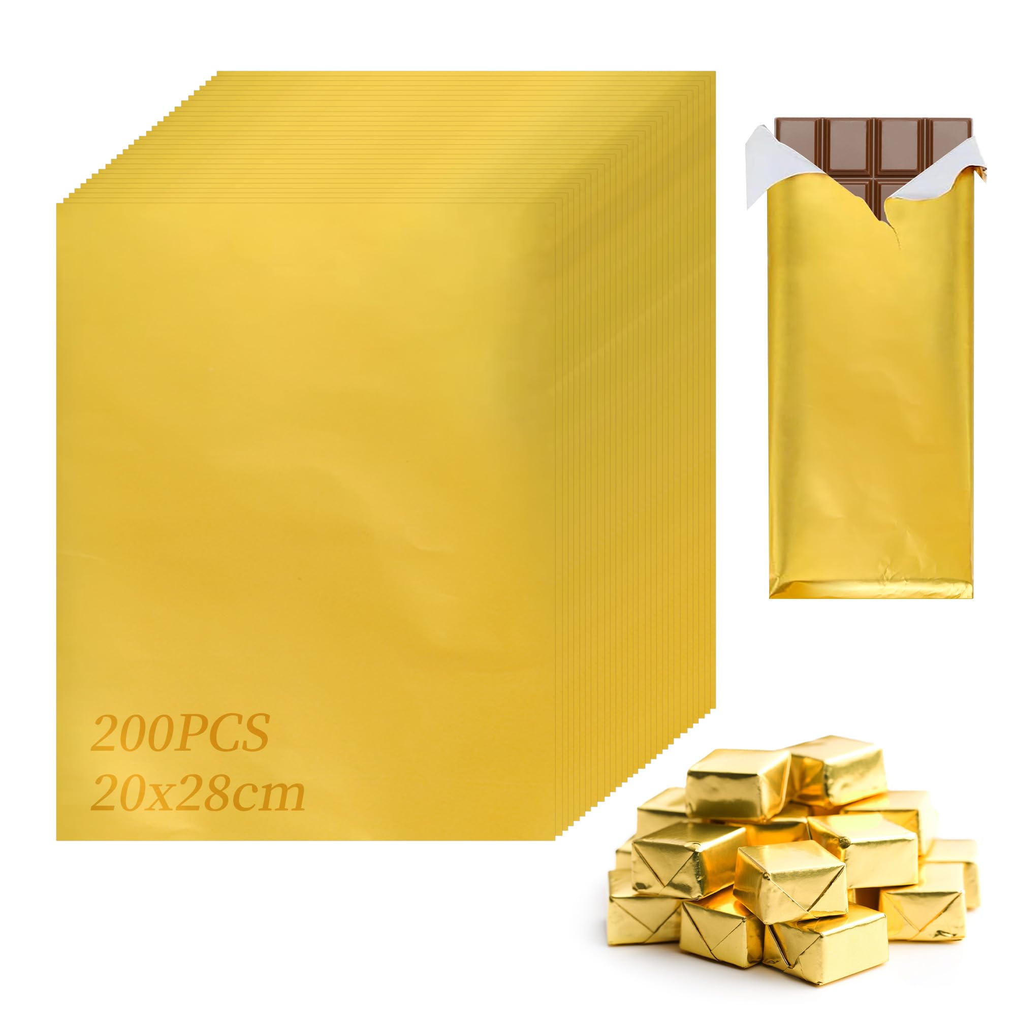 Aramanara 200 Pcs Gold Chocolate Wrapping Foil, 20 x 28 cm Gold Foil Sheets
