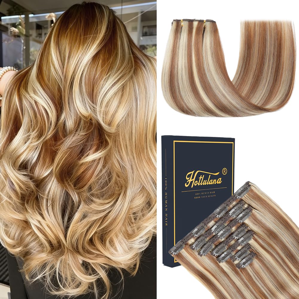 HotLulana Extensiones de Clip de Pelo Natural 7pcs 60cm 120g Rubio Mixto con Castaño Claro Natural Invisible Extensiones de Clip in Hair Extensions (24 Pulgada,P6/613#)