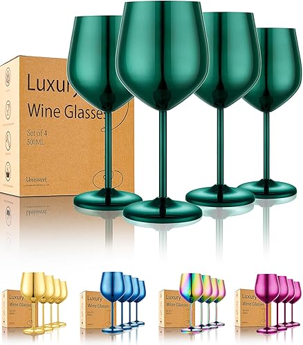 Juego de 4 copas de vino de acero inoxidable irrompibles de 18 onzas, copas de vino de metal únicas para exteriores, viajes, camping, piscina,