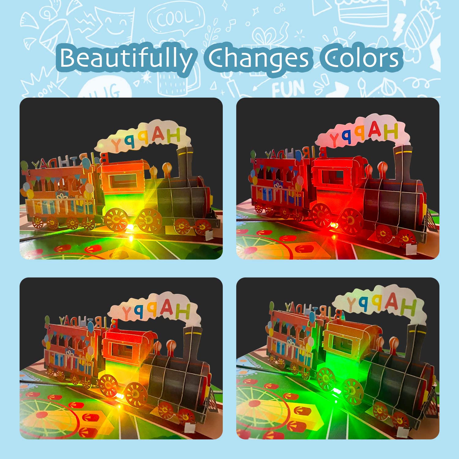 Carte D'Anniversaire Pop-up Musicale Avec Train - Avec Lumière Et Chanson Happy Birthday - 20x15 Cm, Pile Incluse