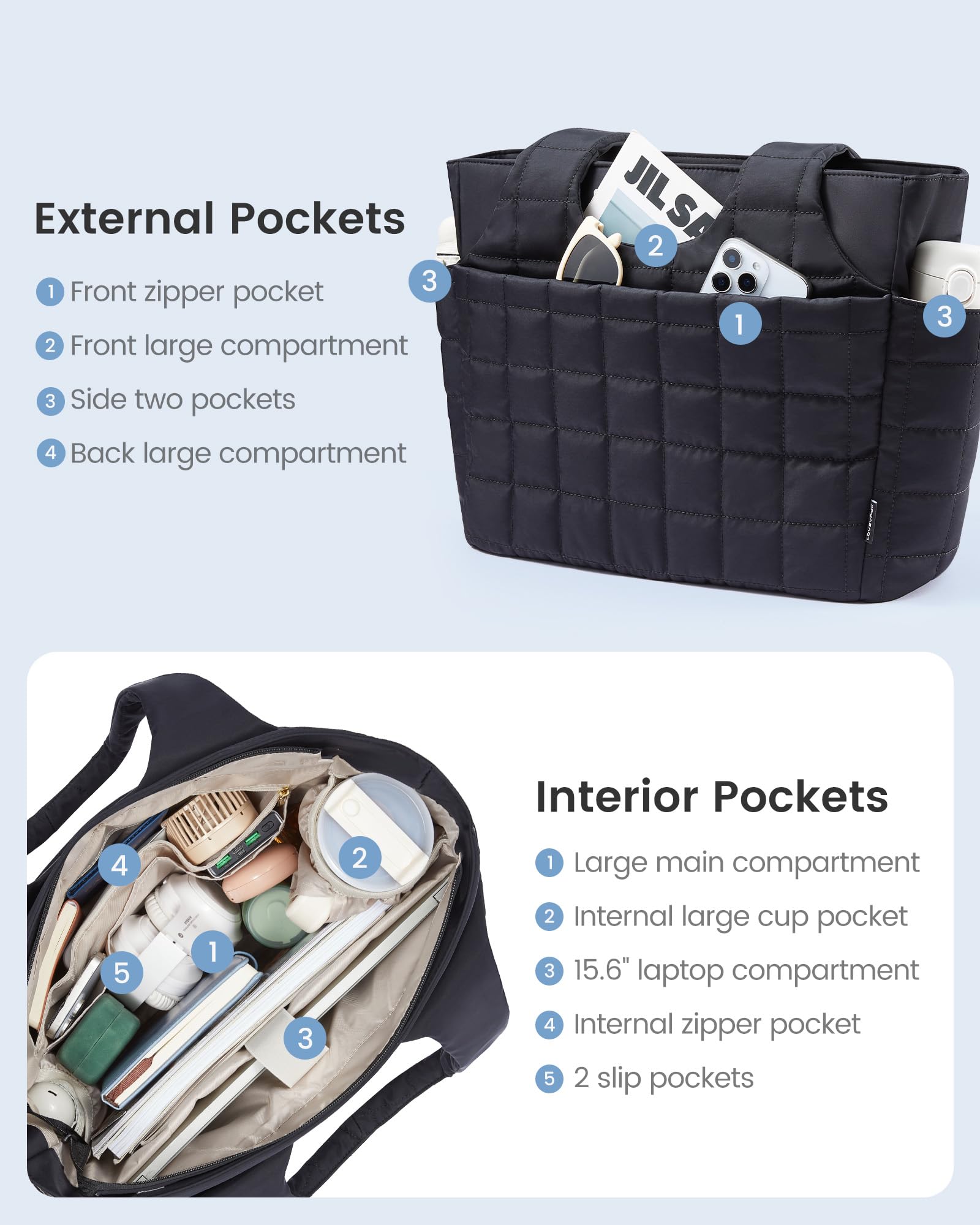 LOVEVOOK Puffer Handtasche Damen Groß, 15,6 Zoll Laptoptasche Shopper Tasche mit Wasserflaschenfach, Leichte Arbeitstasche Schultertasche für Arbeit, Uni & Reise