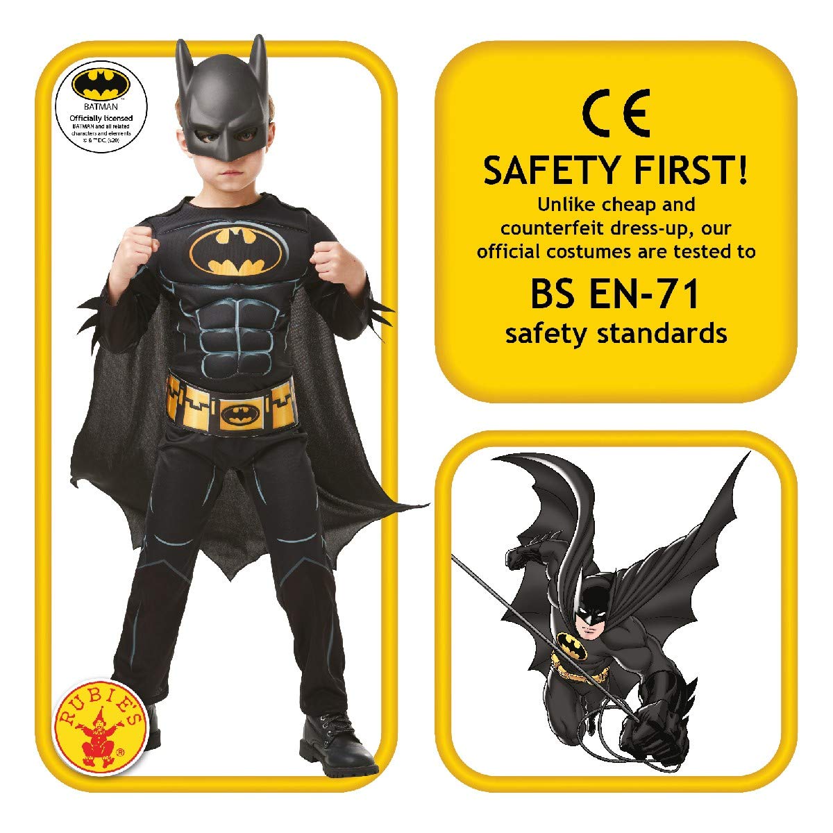 Rubies Offizielles Batman Black Deluxe-Kostüm für Kinder – Muskelanzug mit Maske & Umhang für Rollenspiele