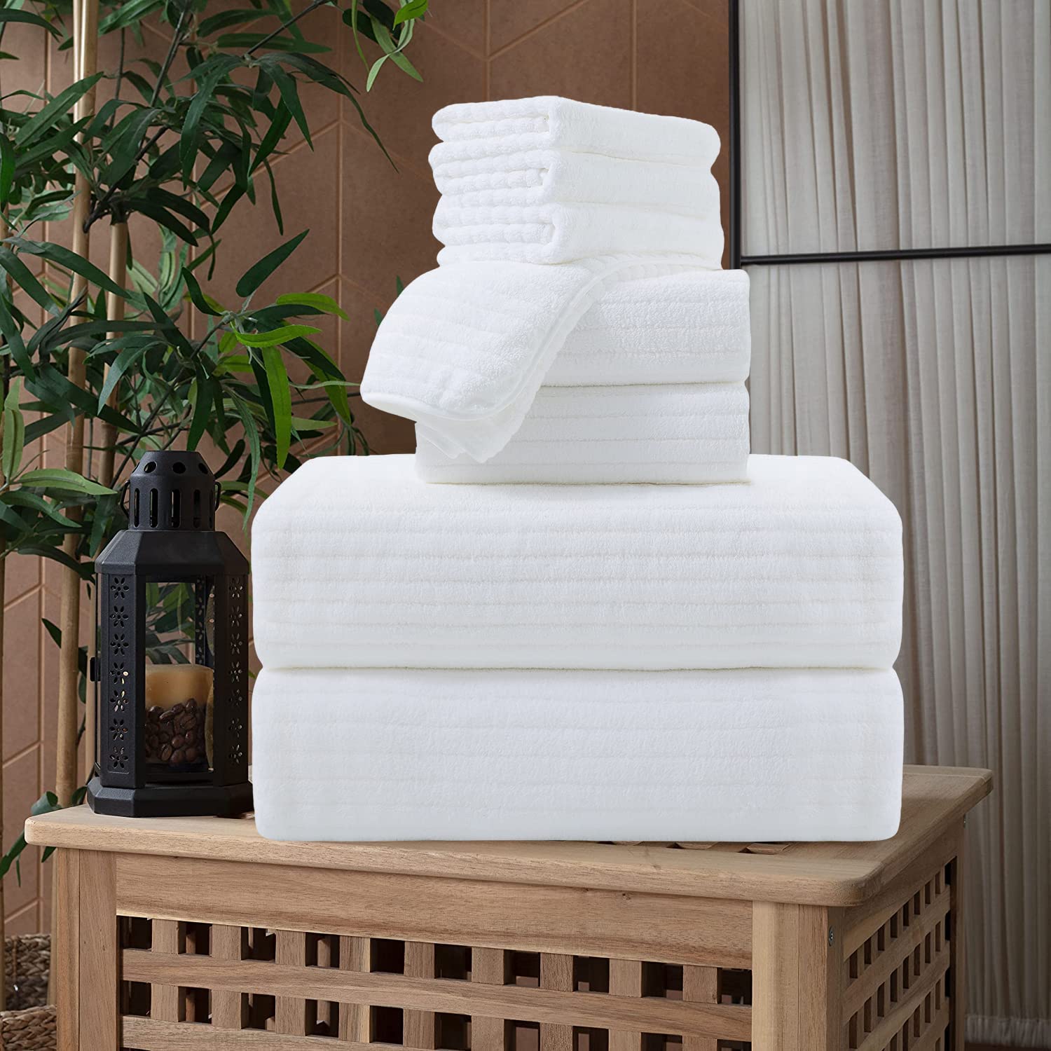 8 pc White Stripe Oversized Bath Sheet & Jumbo Towel Set - 2 Large, 2 Hand, 4 Washcloth - Soft, Absorbent, Quick-Dry Bath, Shower, Beach and Spa/Towel