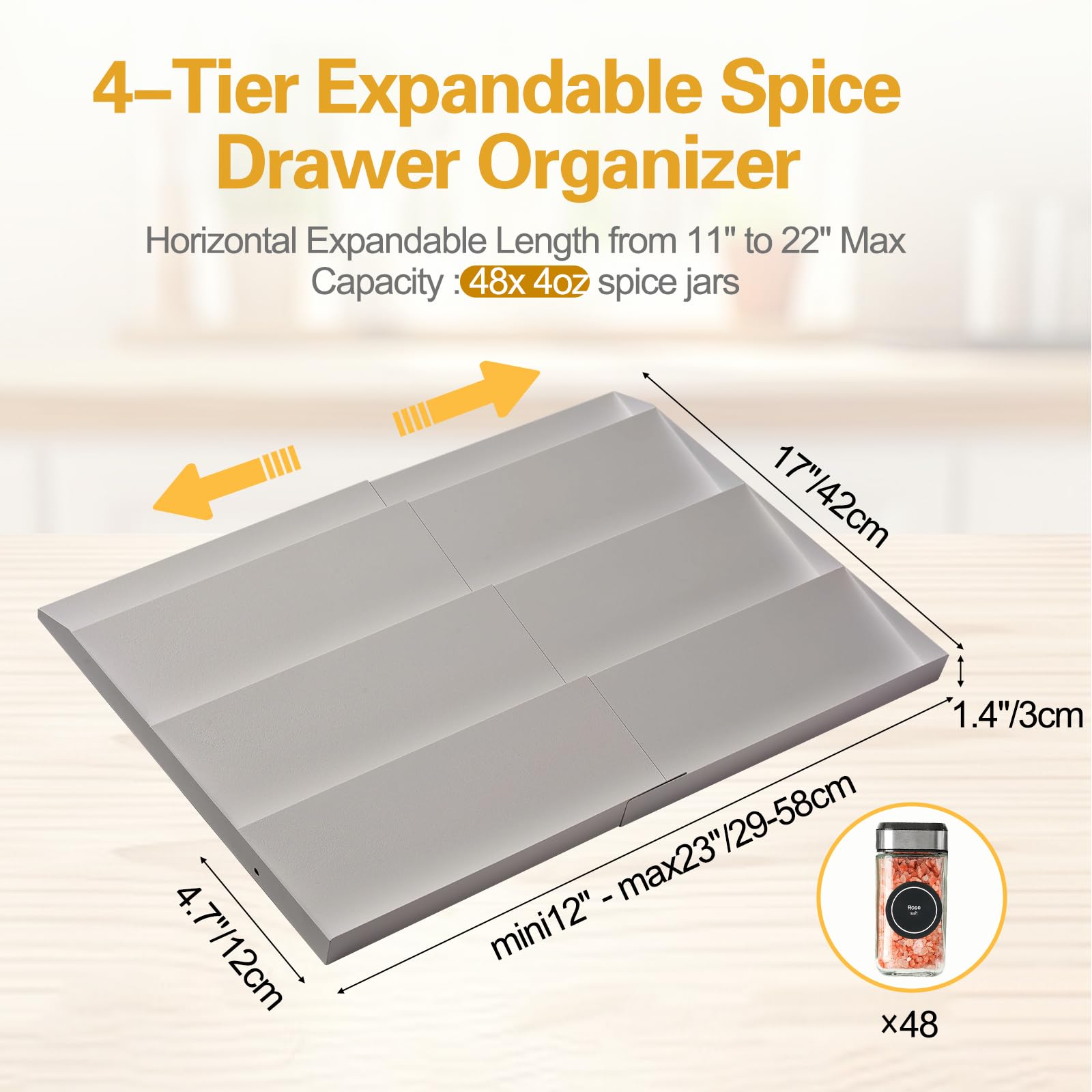 GOENDR Organizador de cajones de especias, estante de metal expandible de 4 niveles para cajón, inserto ajustable para cajones de especias para cajones de 11.4 a 22.8 pulgadas, gran capacidad para