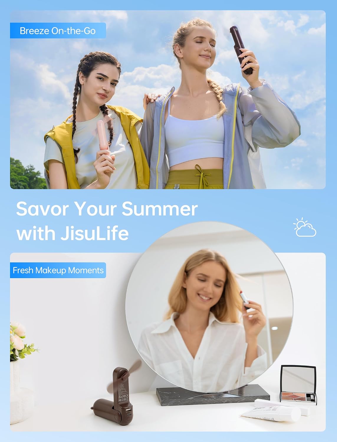 JISULIFE Handheld Mini Fan, 3 IN 1 USB Rechargeable Portable Fan [12-19 Working Hours] with Power Bank, Flashlight, Pocket Design for Travel/Summer/Concerts/Lash, Gifts for Women (Brown), view 6