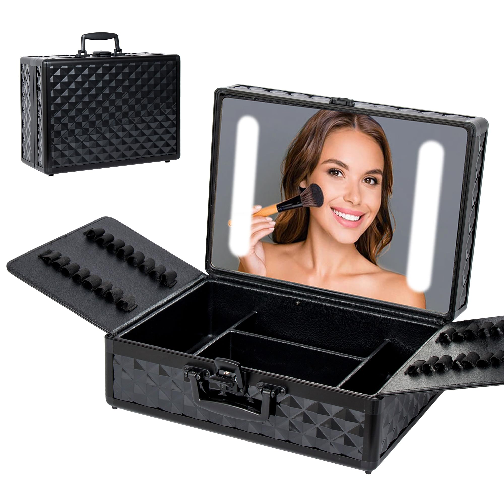 Sybrioka Makeup Train Case With LED Mirror Portable Travel Cosmetic Box with Locks, Makeup Bag Storage Organizer with Light up Mirror, Waterproof Aluminium Alloy (Black)