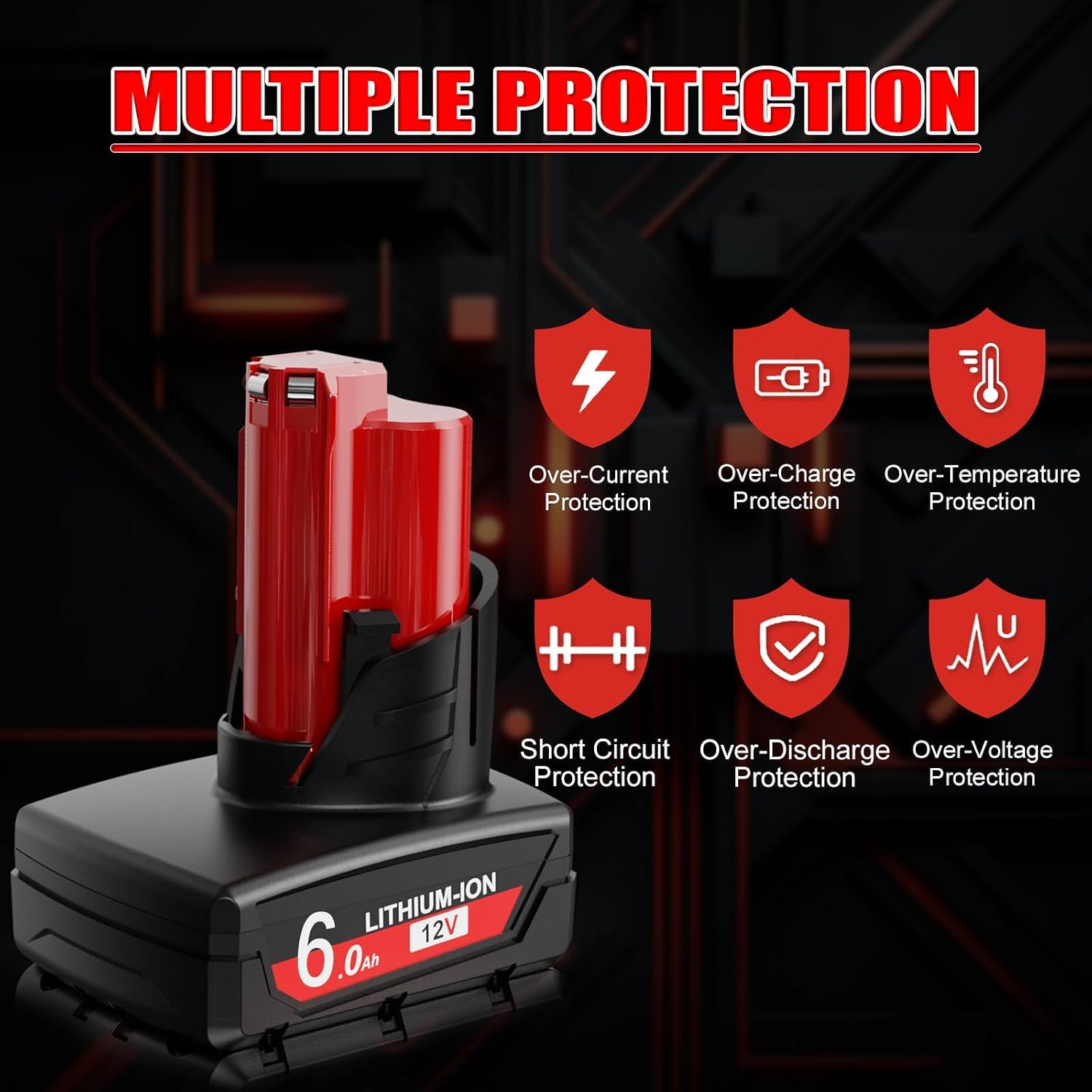 2X 12V 6.0Ah/6000mAh Compatible with for Milwaukee M12, Red-Black-2 - Image 6