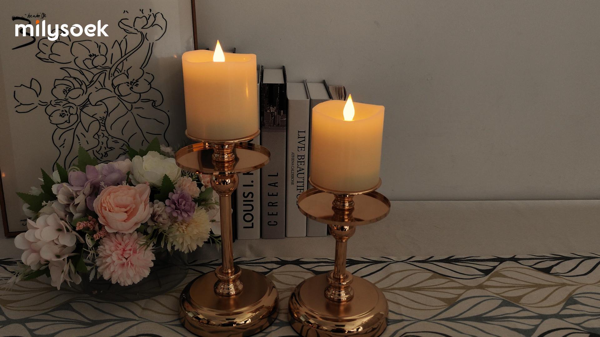 Image of 3x3 Flameless Candles Battery Operated with Remote Timer, Last 600 Hours Battery Candles Flickering, Ivory Real Wax Electric LED Candle for Wedding Party, Set of 2