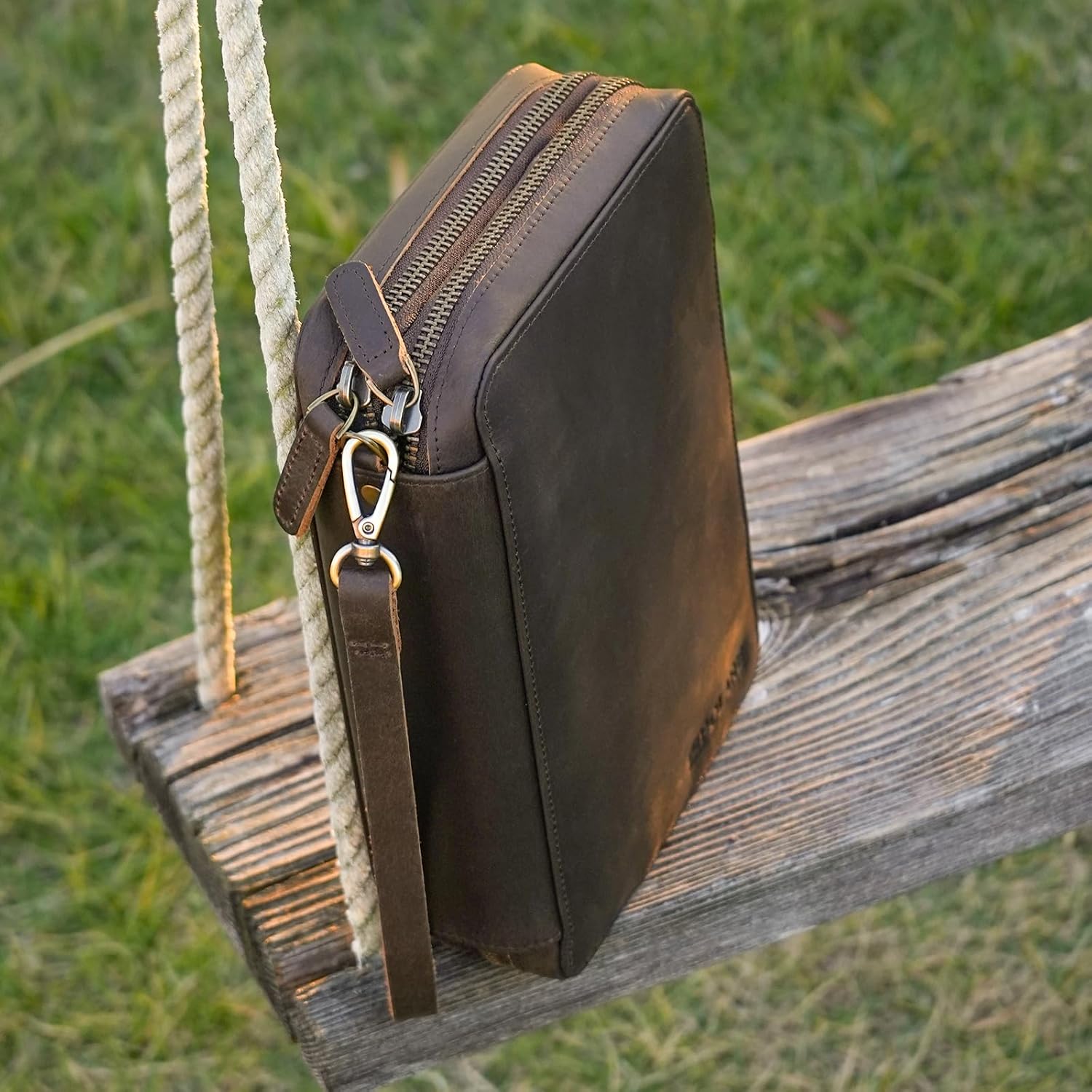 Polare Full Grain Leather Travel Cable Organizer Case Double Layer Electronics Accessories Carry Bag with YKK Zippers Tech Storage Bag for Cables, Power Bank, USB, SD Card