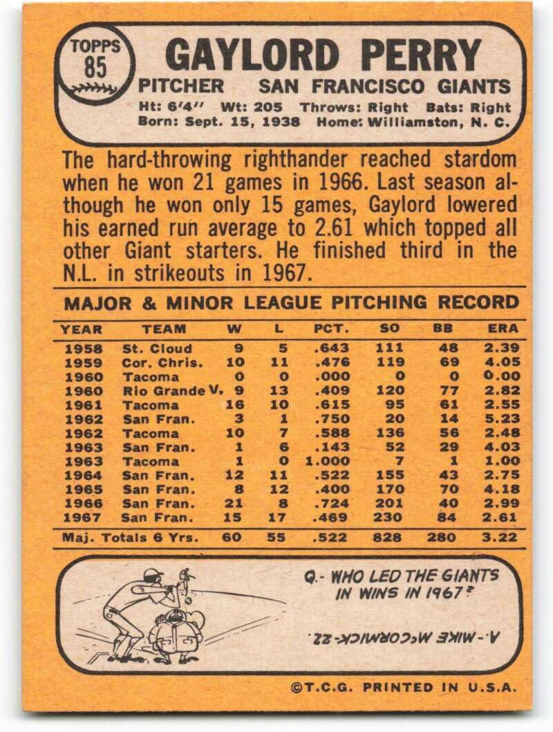 Baseball MLB 1968 Topps #85 Gaylord Perry Giants
