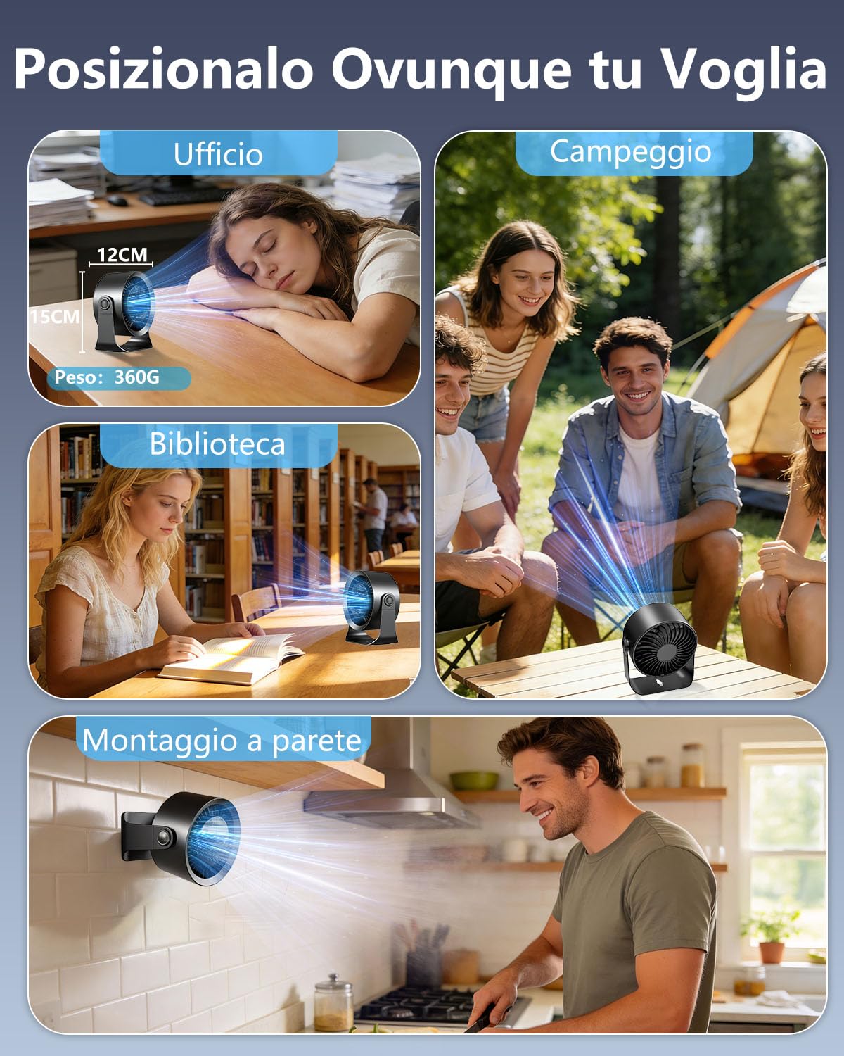 Ventilatore da Tavolo Silenzioso, Ventilatore Scrivania Utilizzabile Durante la Ricarica, Regolazione Continua 1-100 con Display LED, Batteria 4000mAh, Autonomia 17 Ore per Ufficio e Smart Working