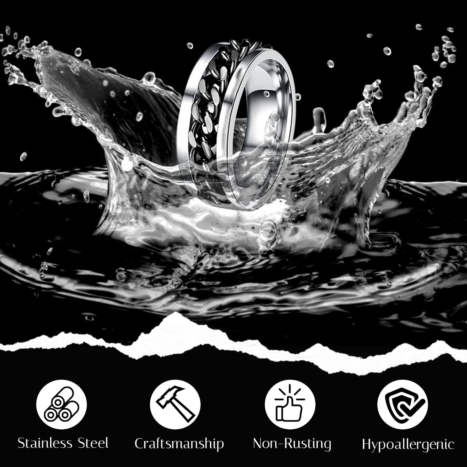 EIELO 6Pcs Stainless Steel Band Rings for Men Women Cool Fidget Spinning Chain Ring Anxiety Relief Fashion Simple Wedding Engagement Black Ring Set - Image 7