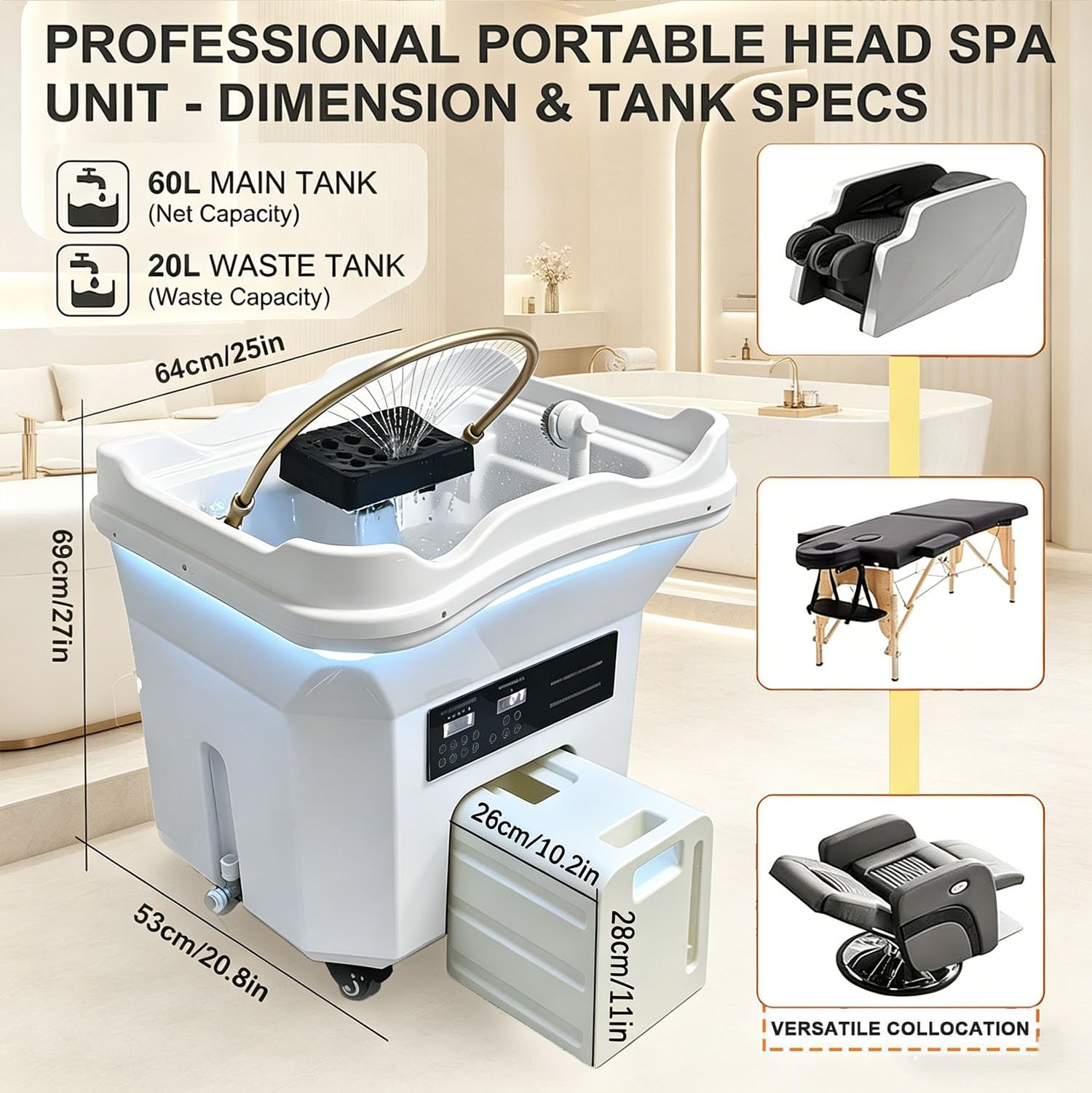 Mobiles Kopf-Spa-Becken KopfSpa Ausrüstung mit Wasserfall-Spülung Wassertank 60L Wasserfall unabhängiger Abwassertank Begasungsmaschine Und Dampfhaube Head Spa Friseurshop