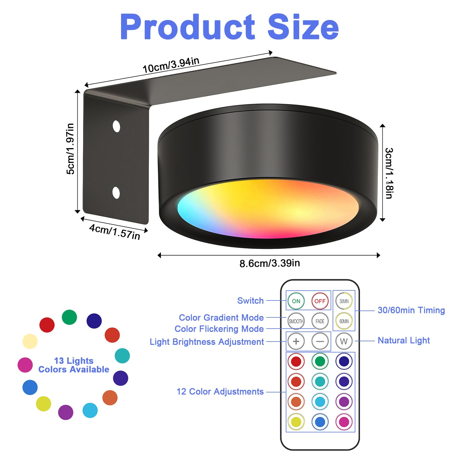3PCS Applique Murale LED Sans Fil 13 Couleurs Magnétiques Rechargeables pour Cadres Photo, Spot LED avec Télécommande, Variateur et Minuterie, Lampe Murale pour Tableaux et Peintures.