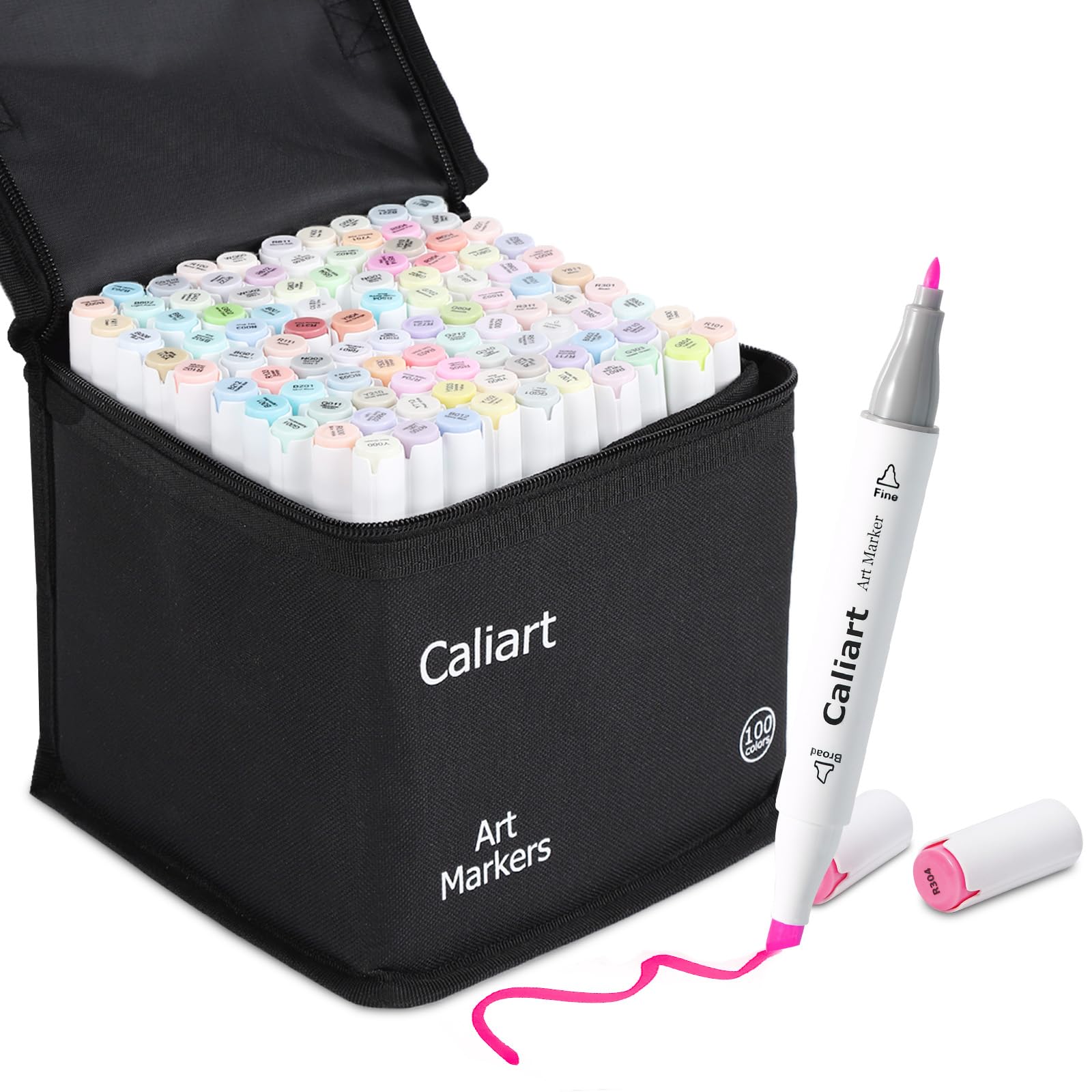 Caliart Markers, 100 Colors Dual Tip Art Markers Sketch Pens Permanent Alcohol Based, with Case for Adults Artists Drawing Illustration Sketching Coloring (Black Barrel): 100 Pastel Colors