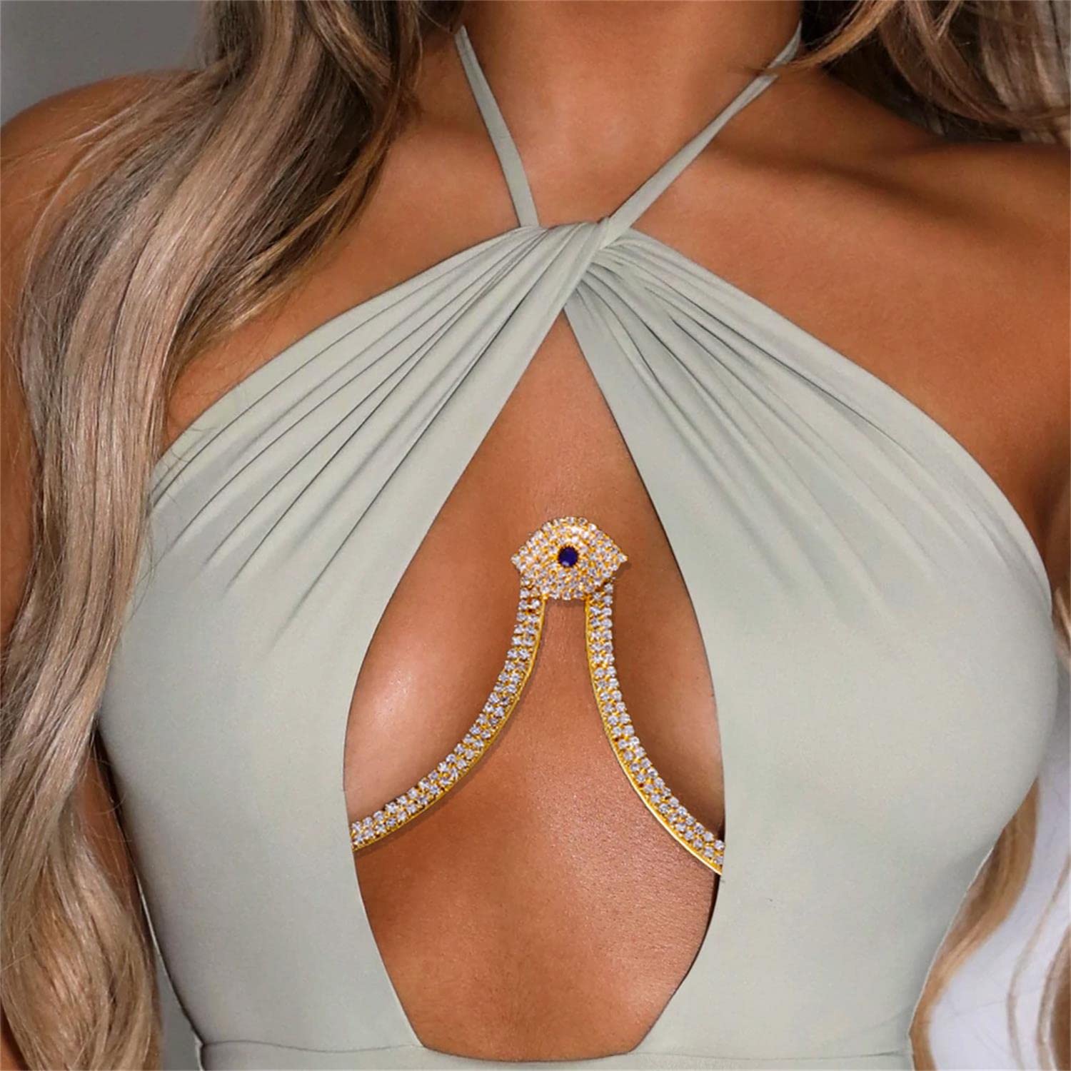 ZARED Woman Sexy Body Chain Chest Chain Shining Rhinestone Fringed Bra Chain Crystal Bikini Lingerie (Golden)